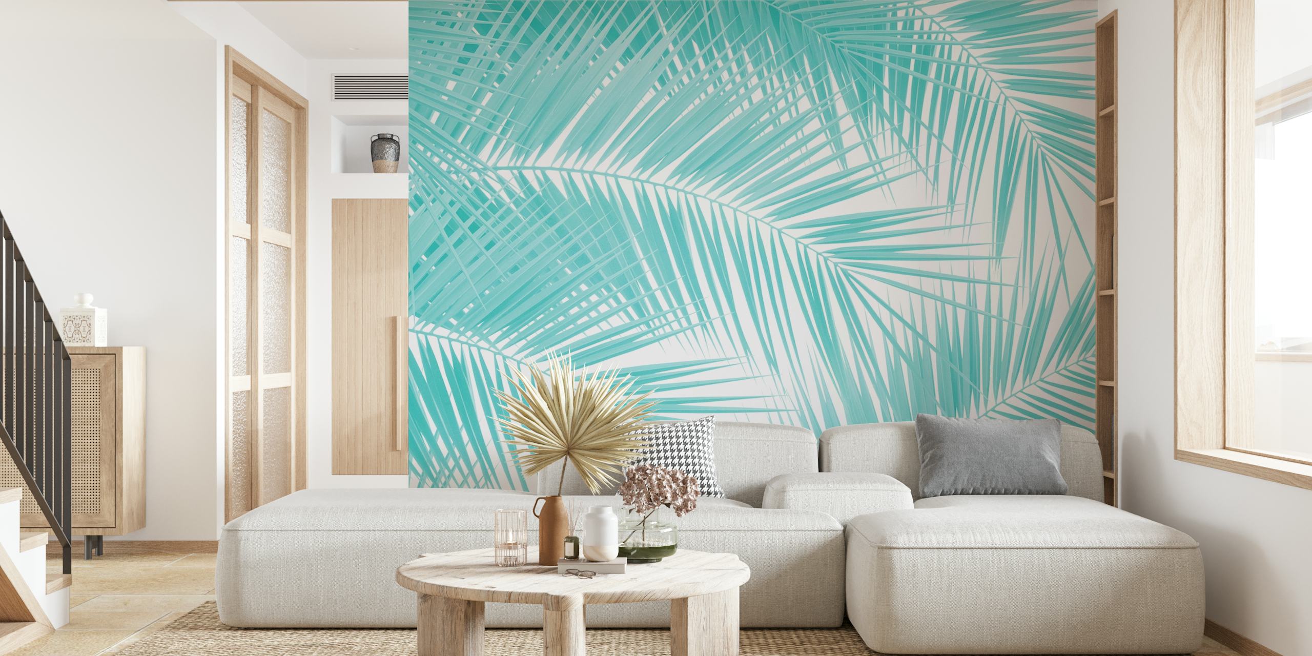 Turquoise palm leaves pattern on a white background wallpaper
