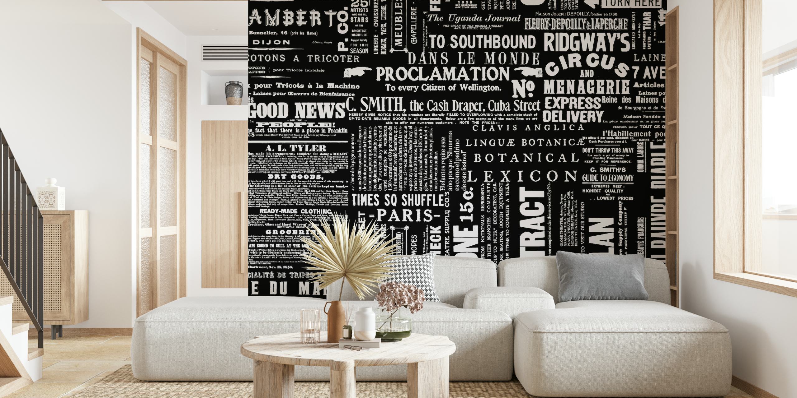 Black and white vintage typography wallpaper with various text patterns and styles
