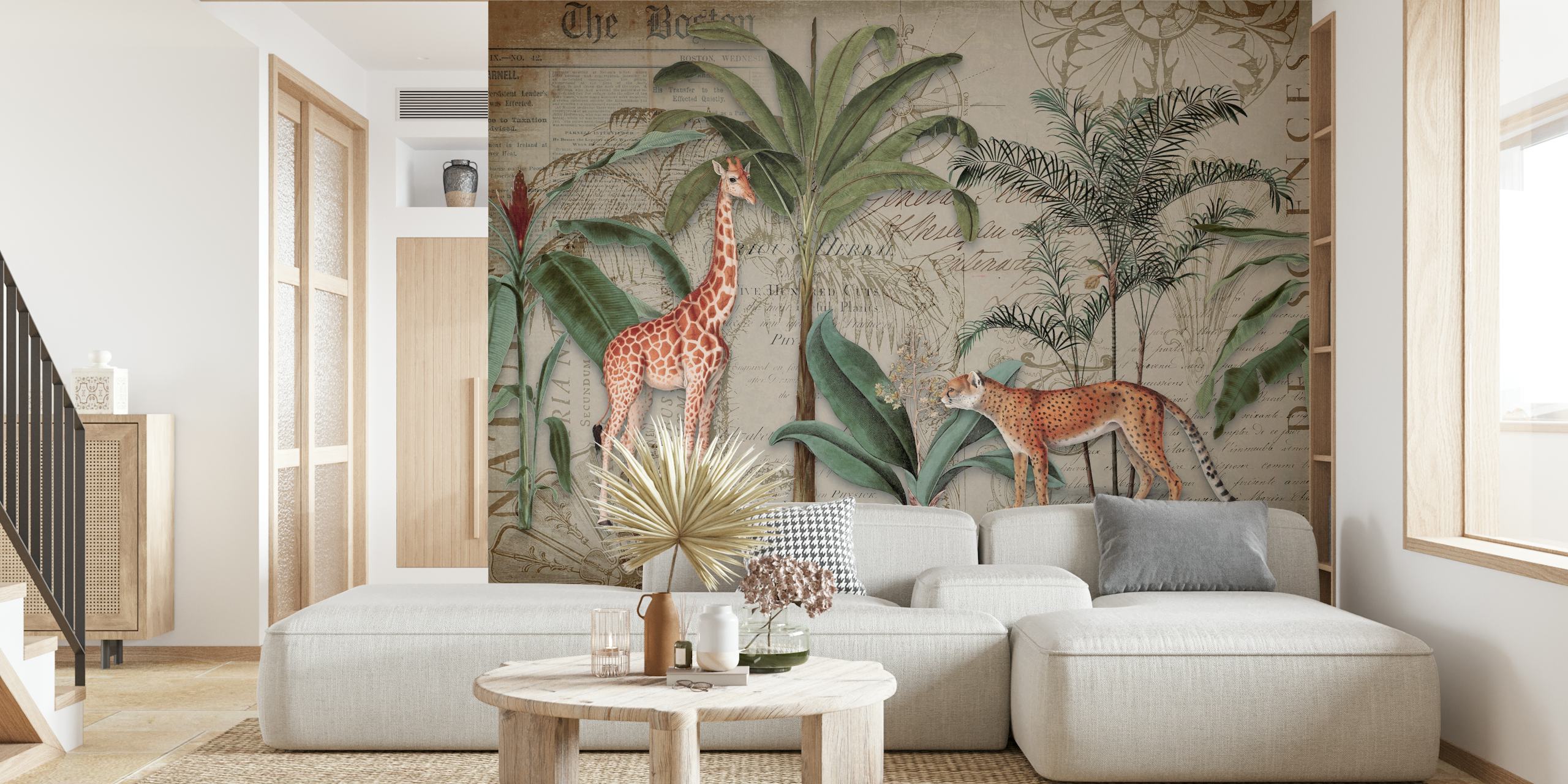 Giraffes Journey Collage Art tapet i ett rum
