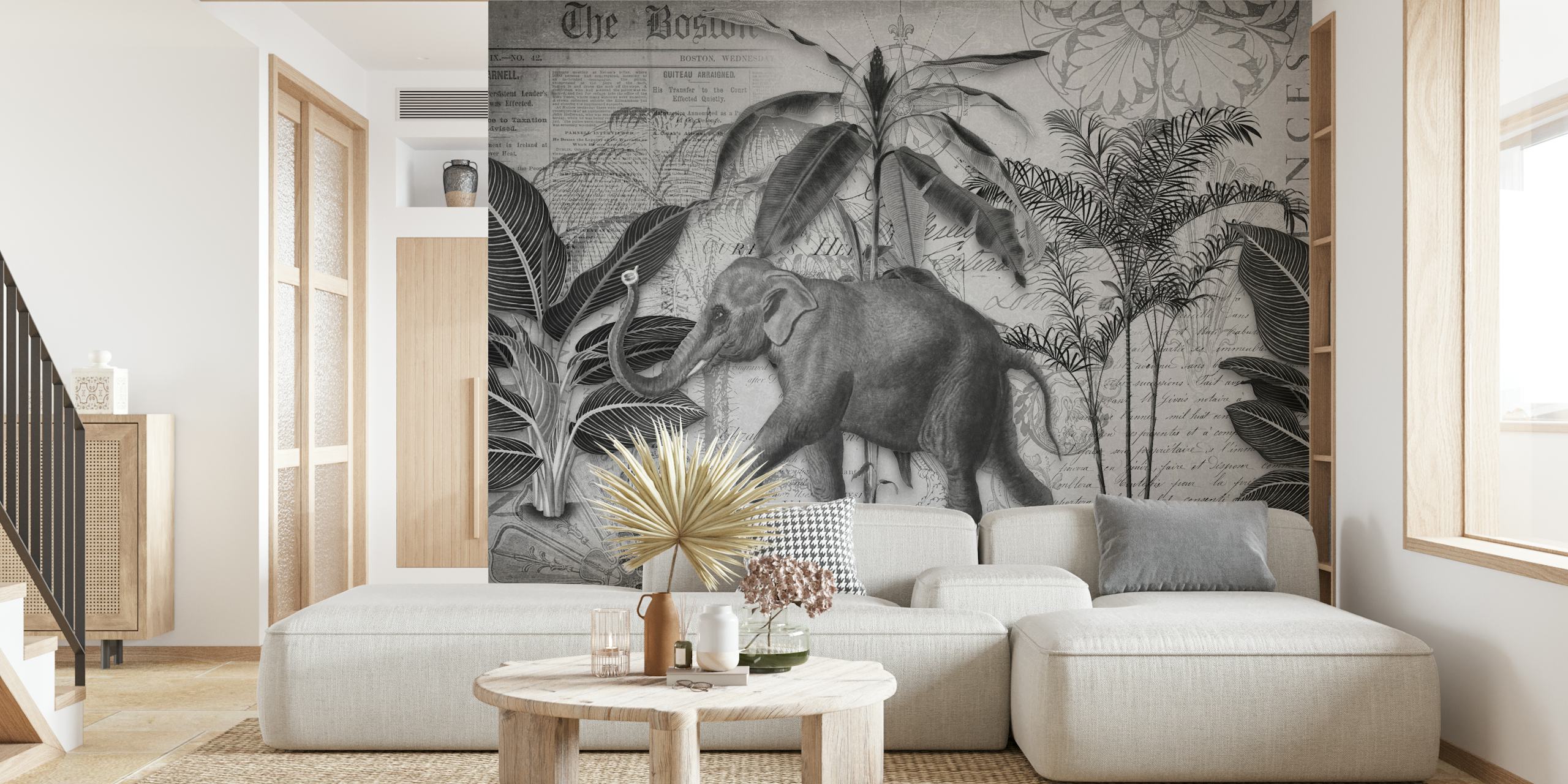 Elephants Journey Collage Grey papel de parede no quarto