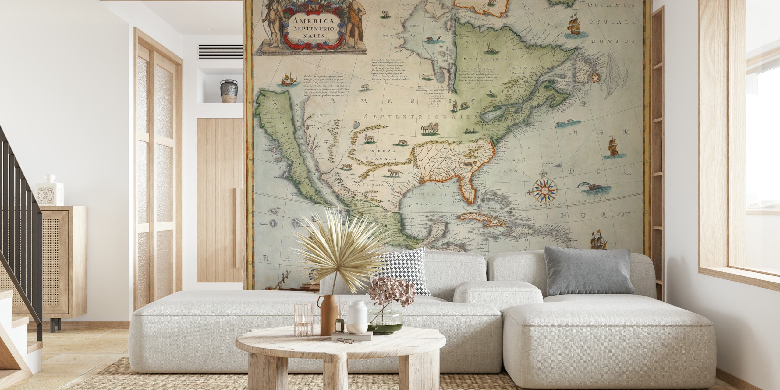 Vintage America map with waterways, ships, and landforms wallpaper