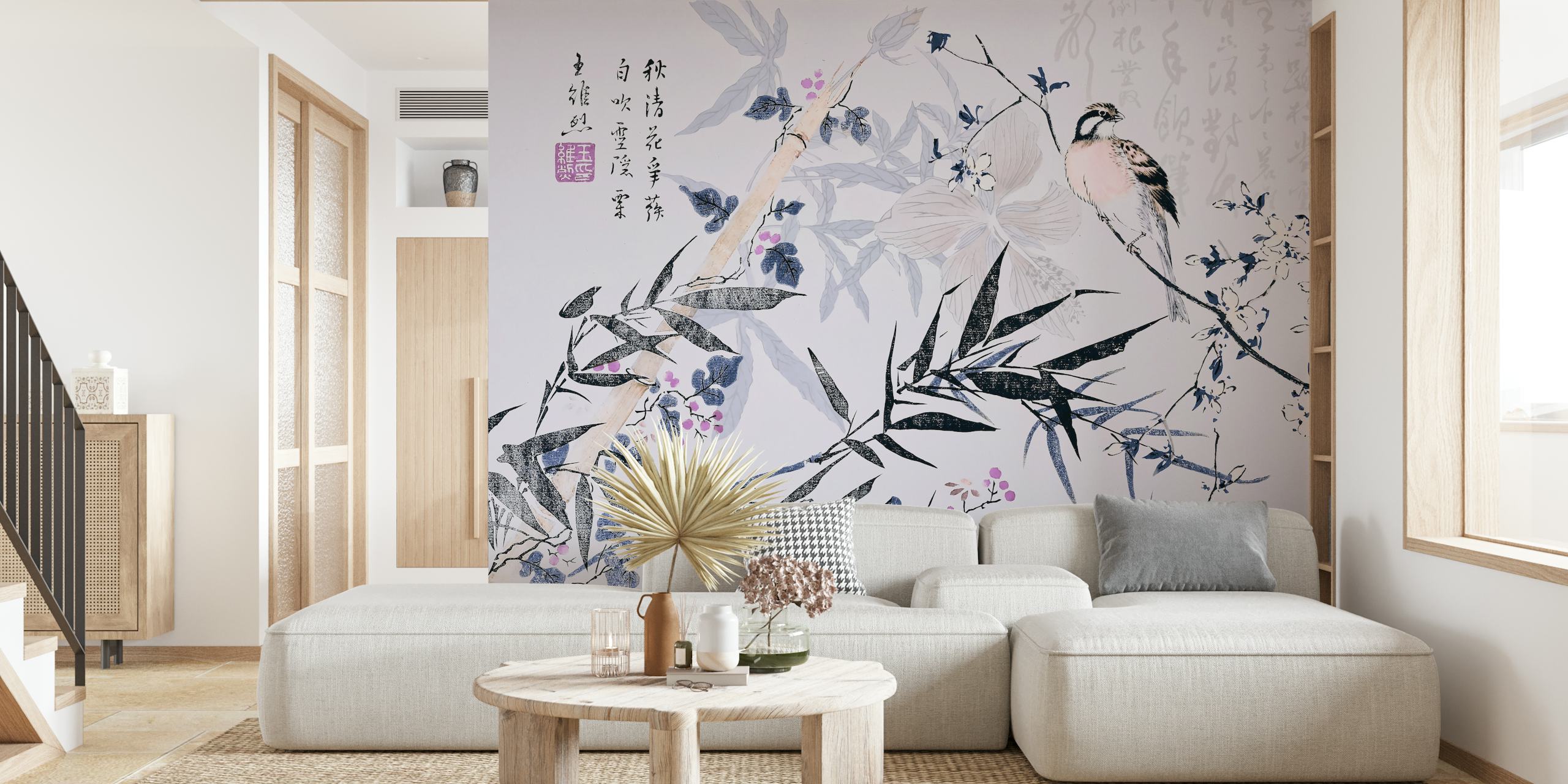 Bamboo and floral designs with blue and pink accents wallpaper