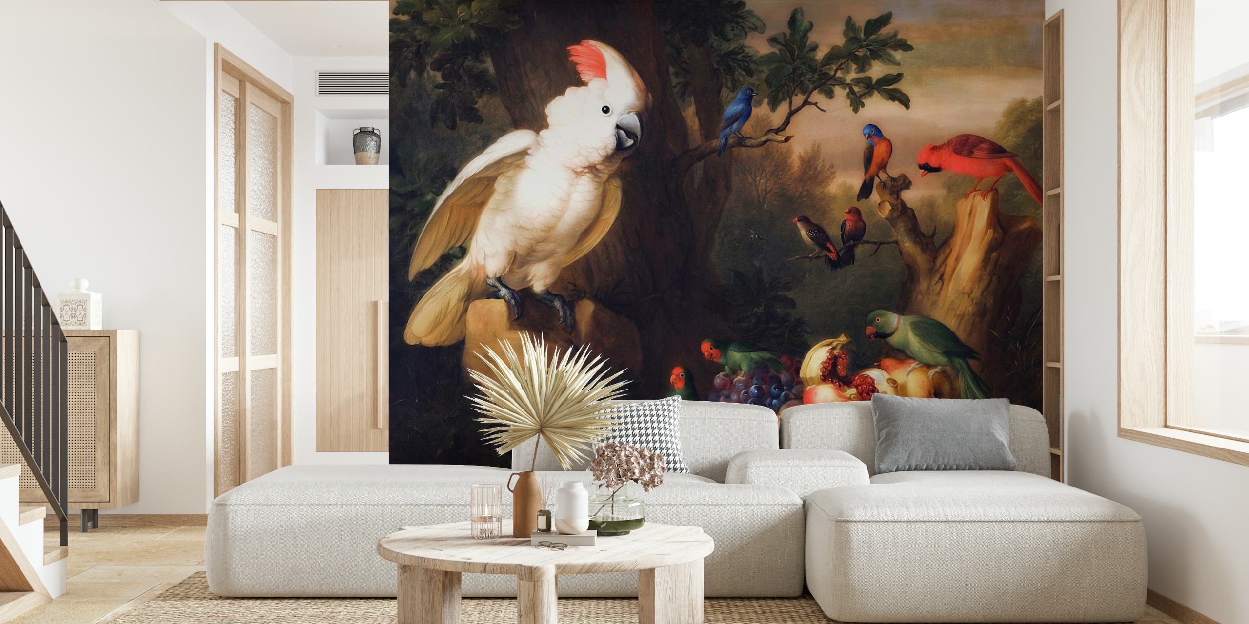 Barokkityylinen seinämaalaus, jossa on vintage-trooppisia lintuja ja vehreä puutarhamaisema