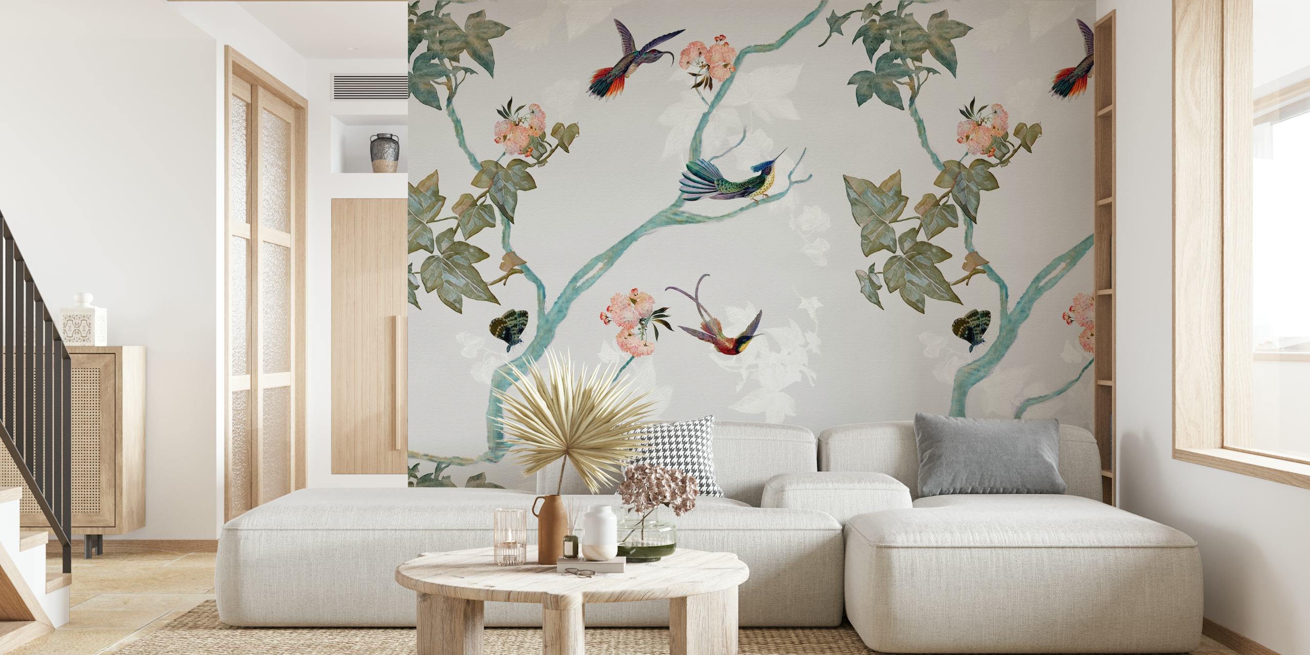 Chinoiserie wallpaper with floral patterns and colorful birds