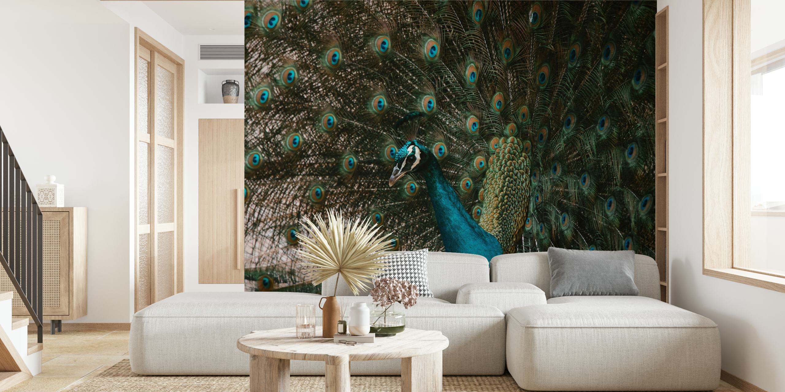 Peacock feathers in vibrant green and blue tones wallpaper