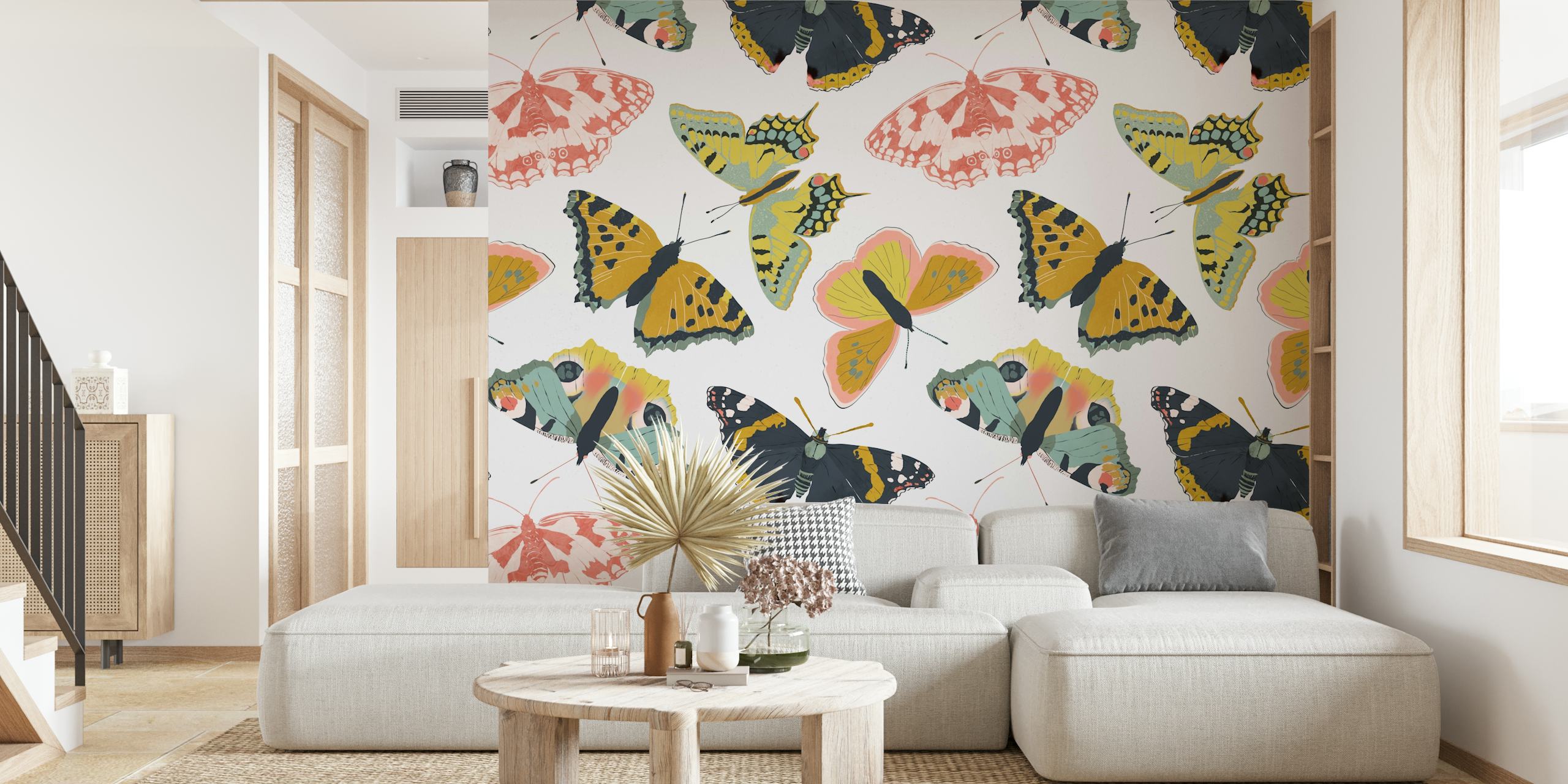 Colorful butterfly patterns in various shades on white background wallpaper