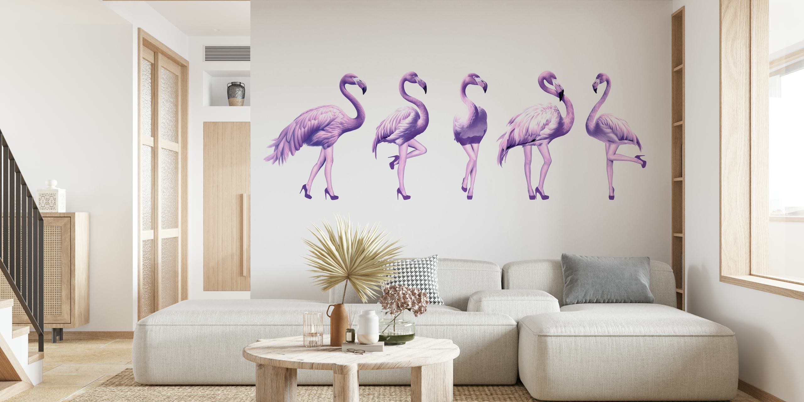 Five purple flamingos in dynamic poses on a white background wallpaper