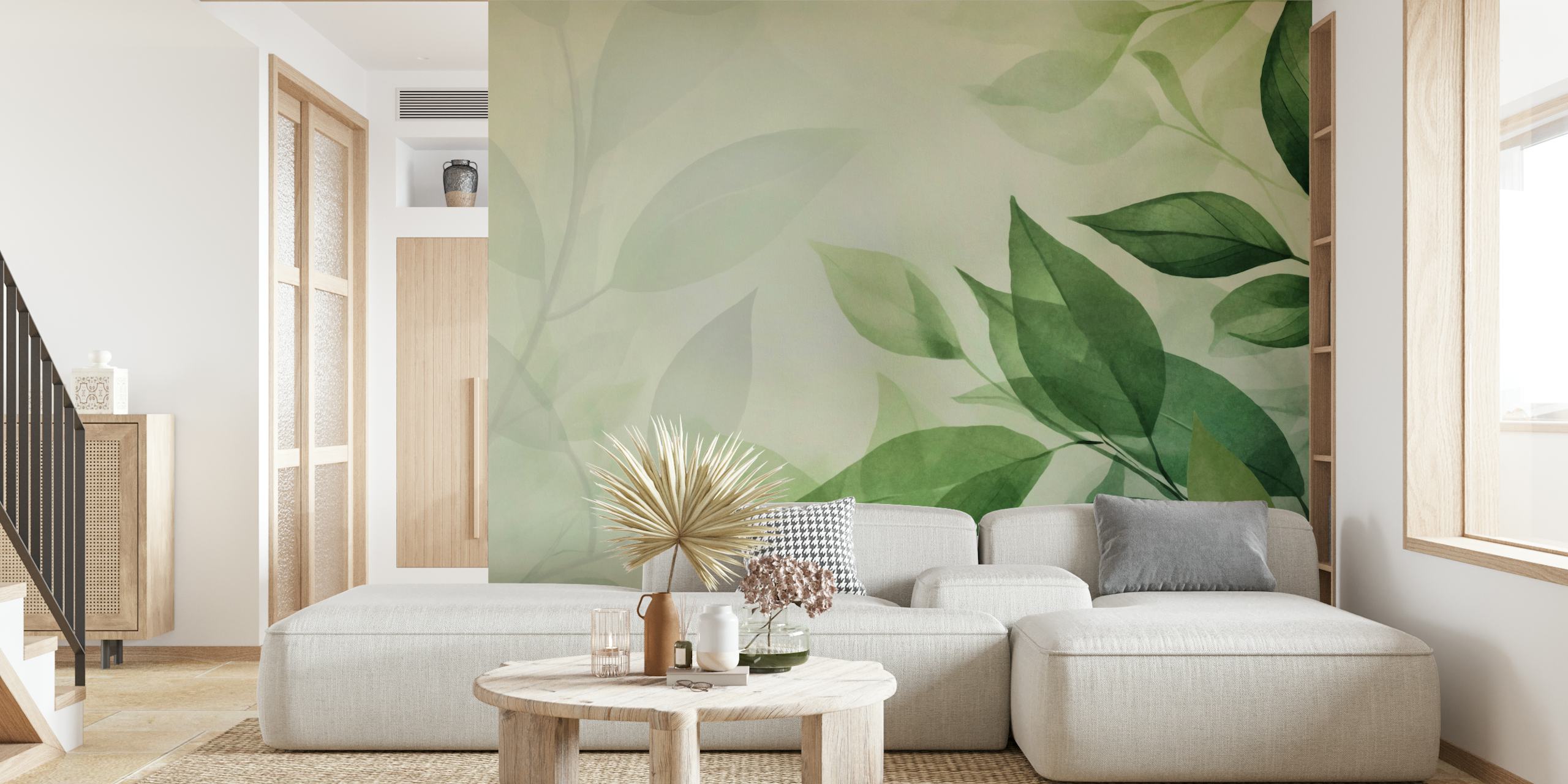 Botanical leaves in shades of green and soft background wallpaper