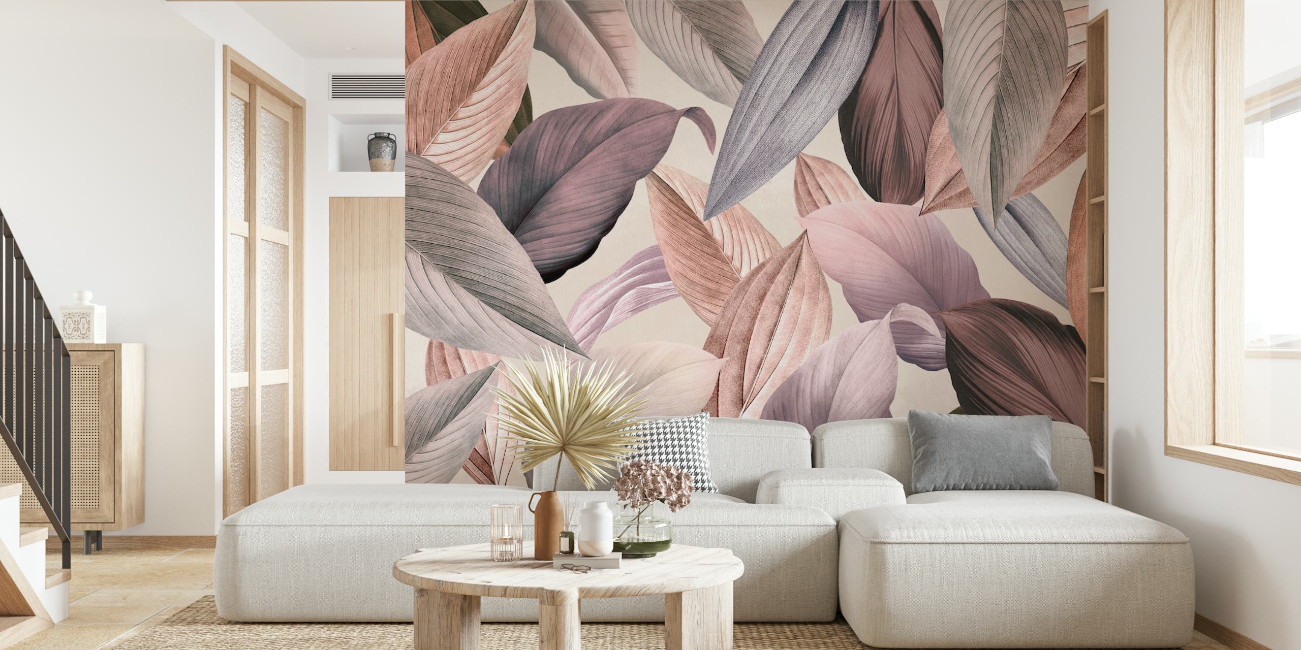 Tropical leafy wallpaper in shades of mauve, pink, and beige with a smooth texture.