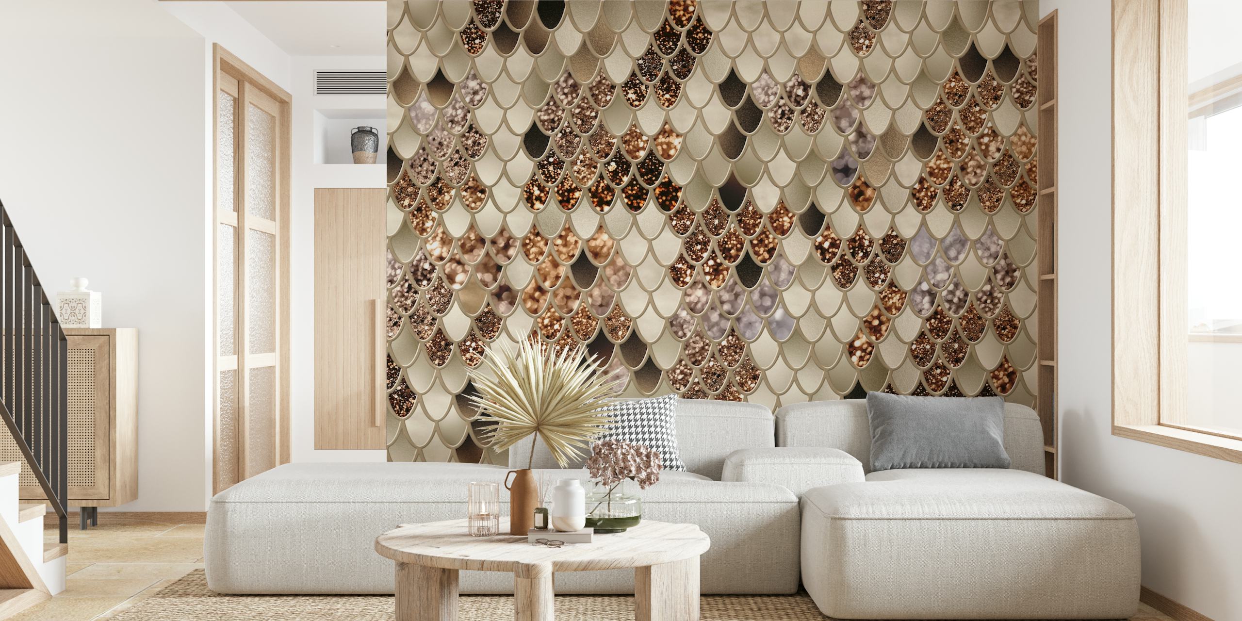 Gold and brown mermaid scale pattern wall mural for an elegant interior