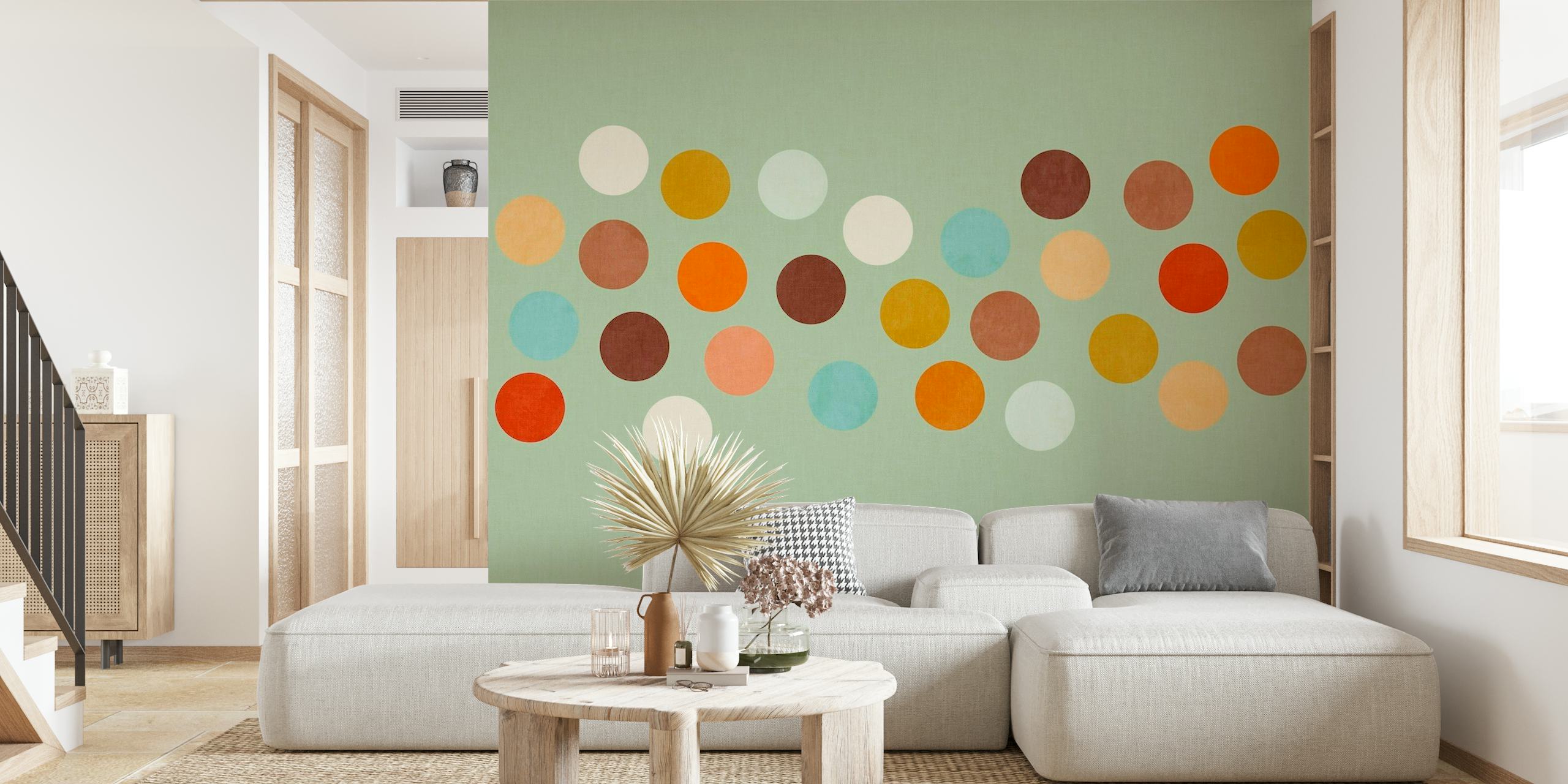 Mid-century style wall mural with a pattern of colorful dots in retro shades over a muted background.