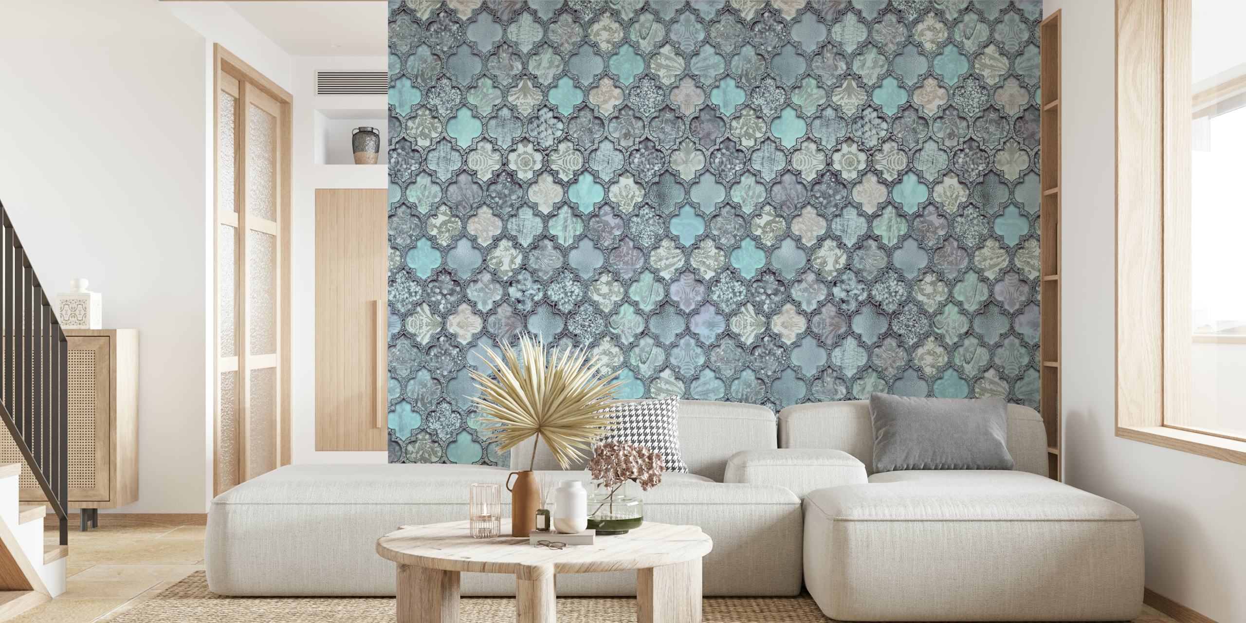 Vintage Moroccan tile wallpaper with blue and gray geometric patterns