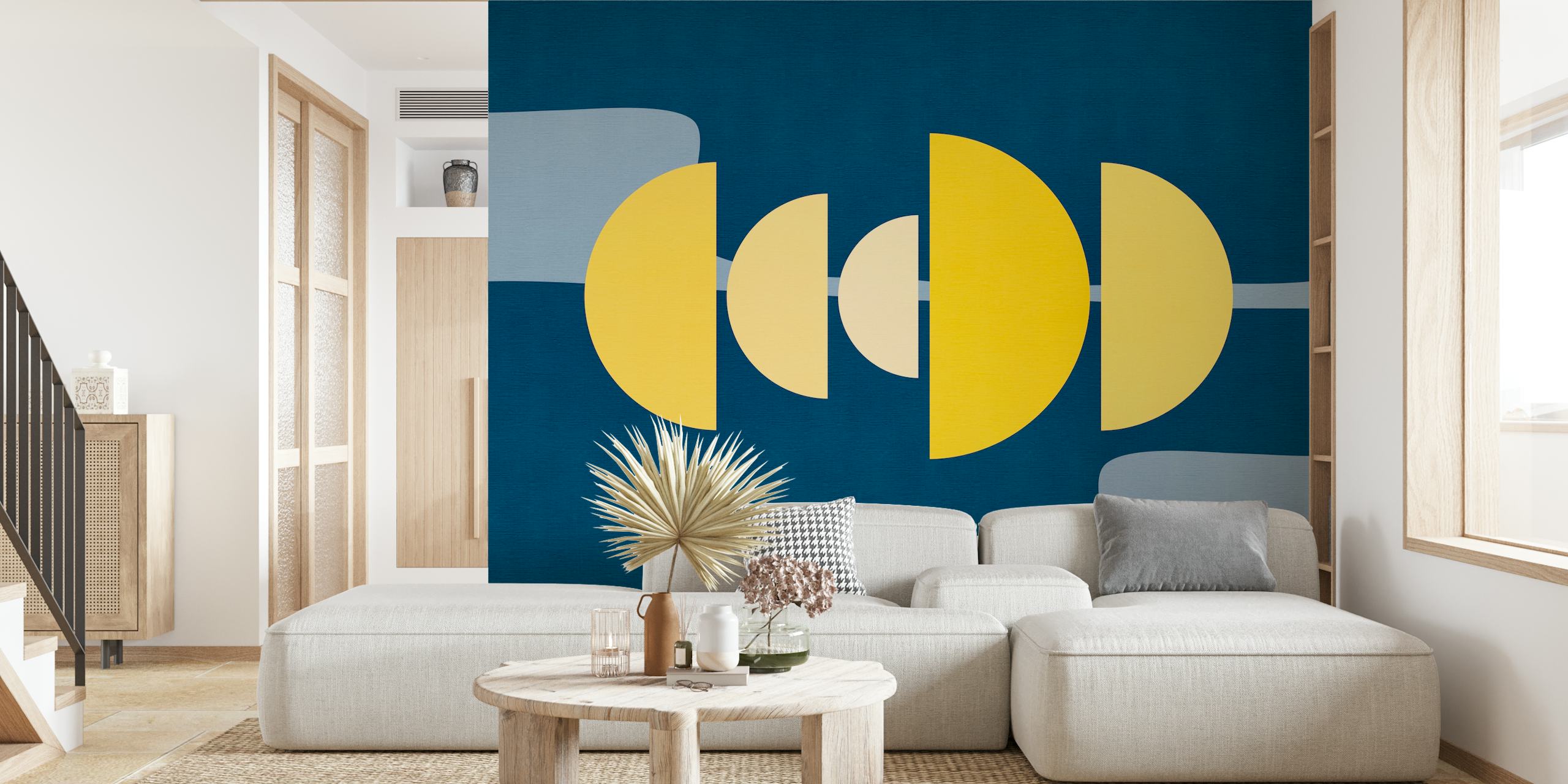 Geometric shapes in yellow and cream on a navy background wallpaper