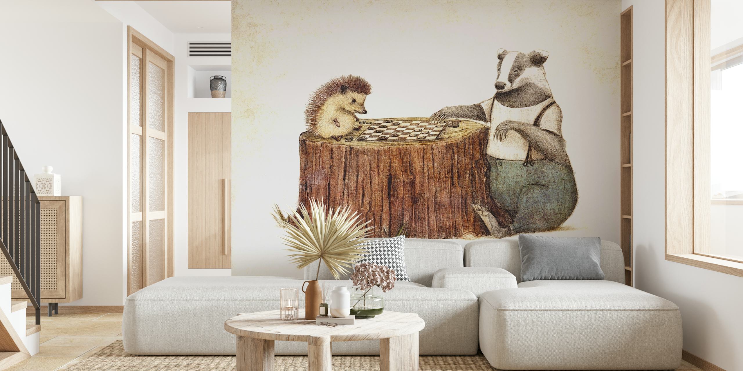Playtime II behang met egeltje en das