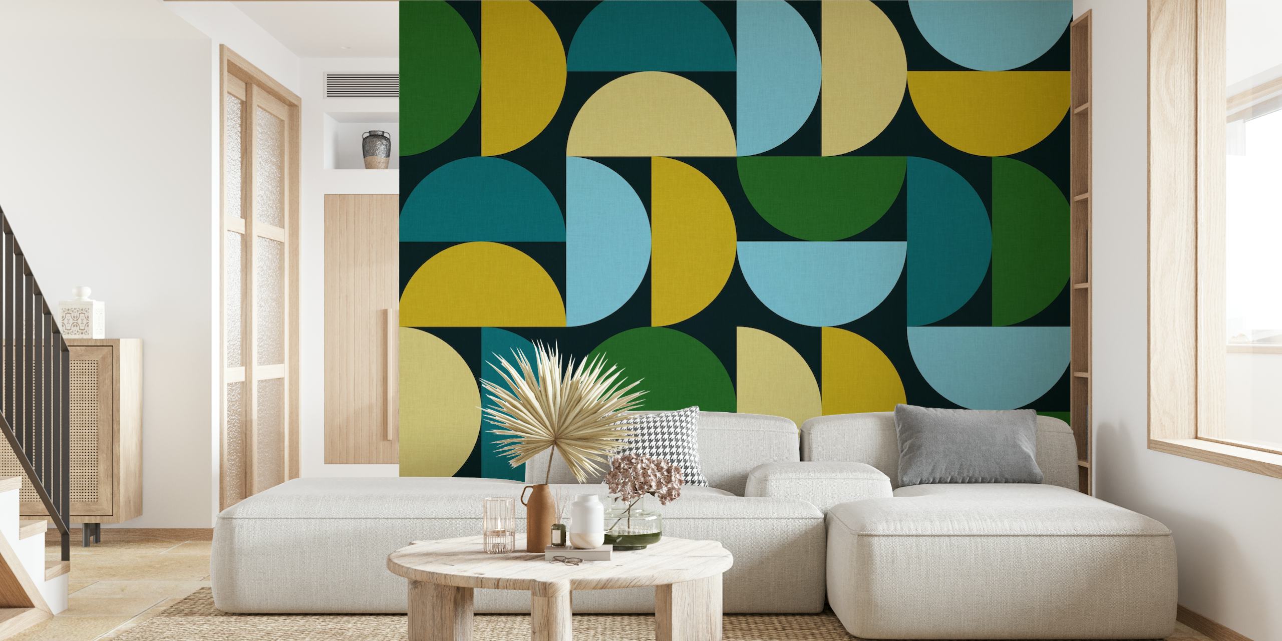 Geometric half-circle pattern in blue, green, yellow on dark background wallpaper