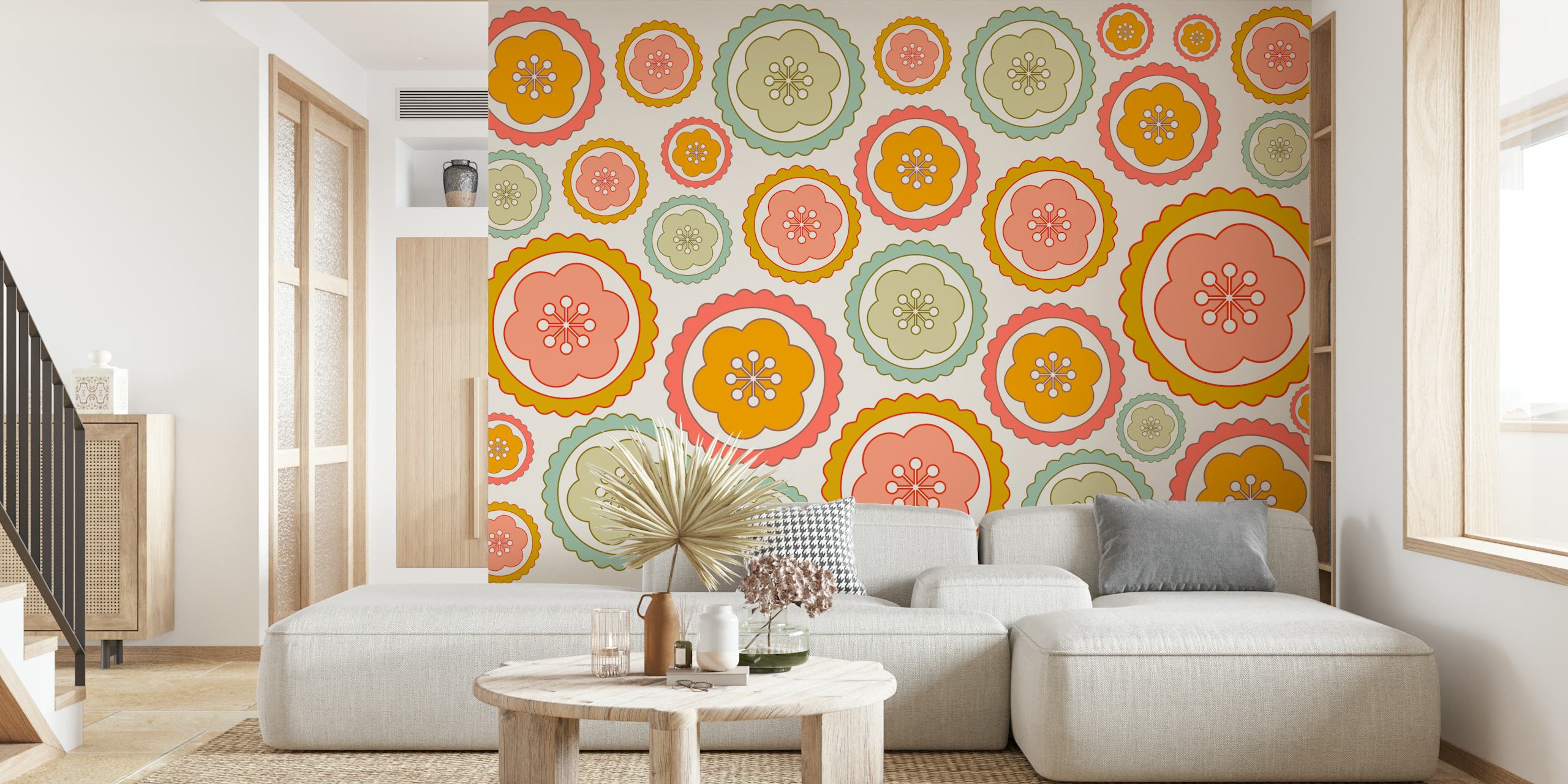 Colorful daisy pattern in vintage style with flowers in peach, green, and yellow. Floral wallpaper.
