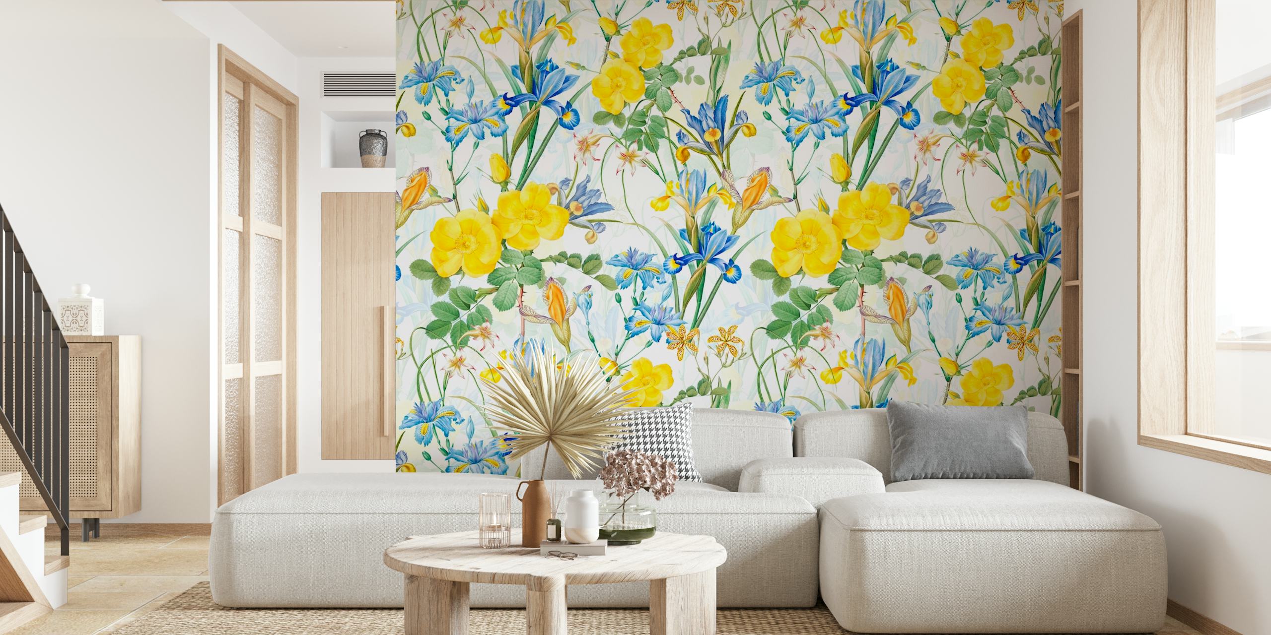 Yellow and blue iris and rose floral wallpaper