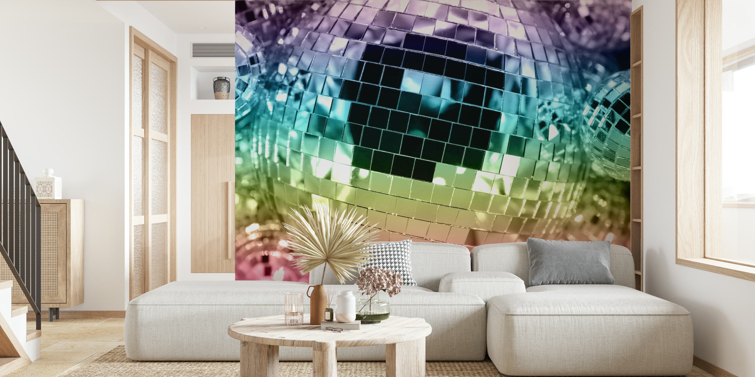 papel de parede Rainbow Retro Disco Ball em um quarto