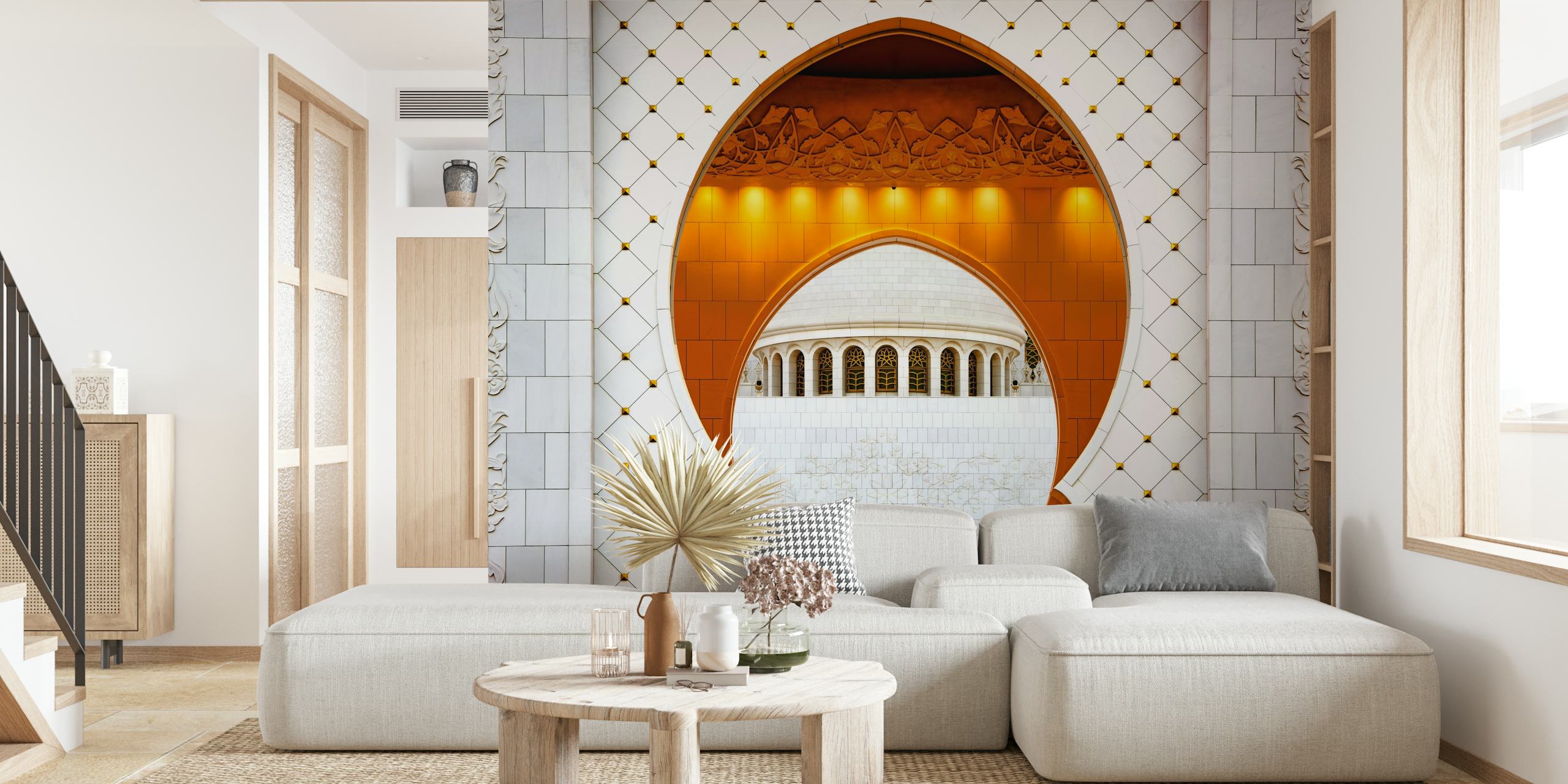 Geometric shapes in orange and white wallpaper