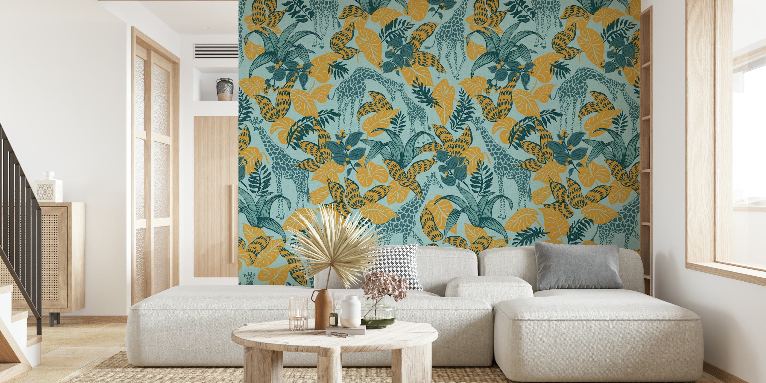 Tropical giraffe wallpaper featuring colorful plants and giraffes in shades of blue and yellow