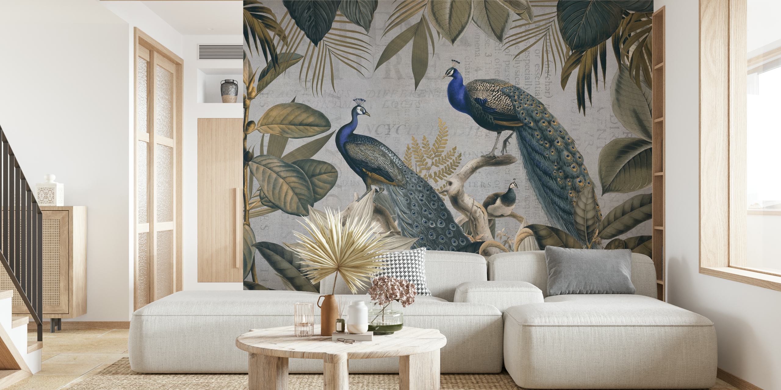 Vintage peafowls wallpaper in a room