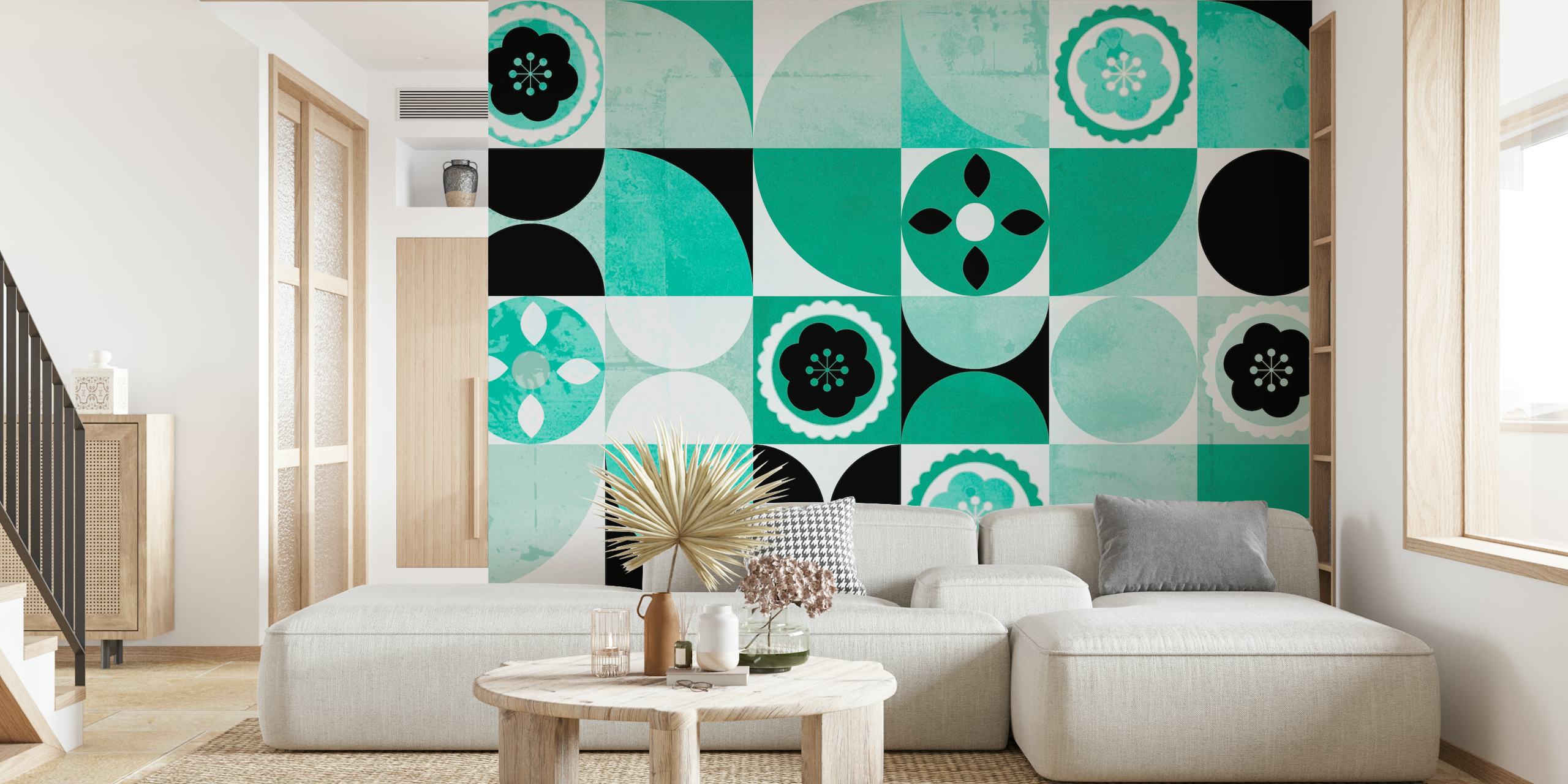 Geometric mint green and black wallpaper with floral motifs