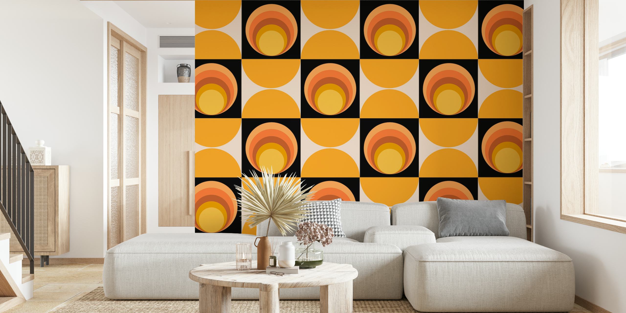 Geometric Retro Sun Pattern in orange and black wallpaper