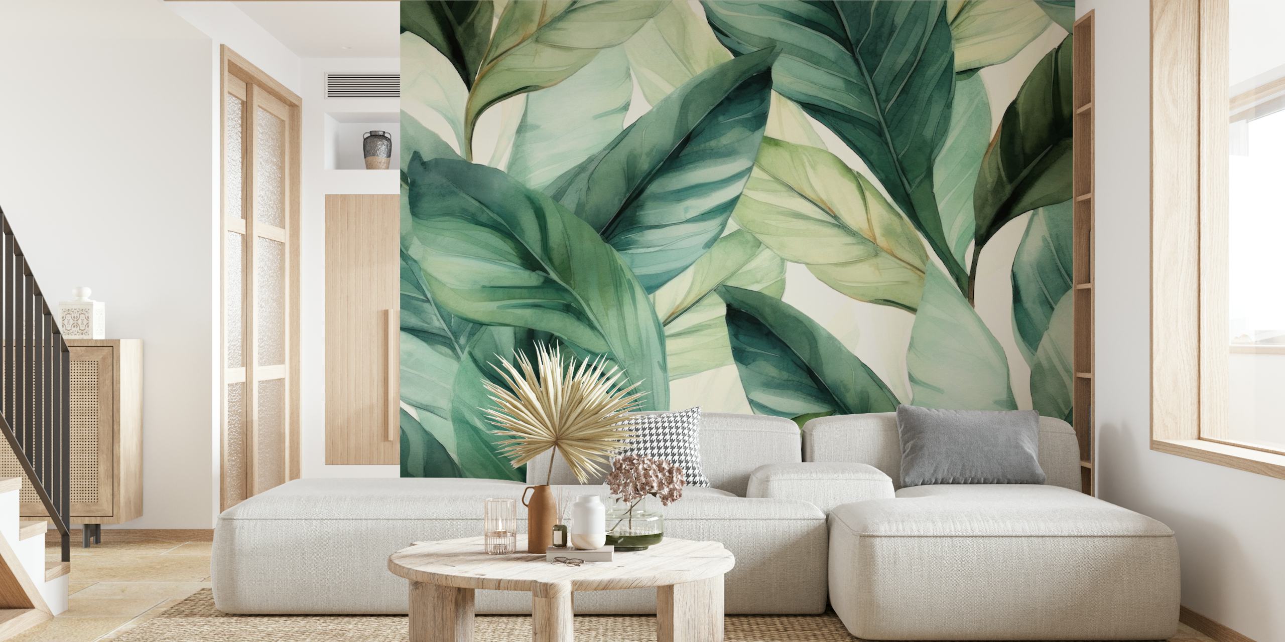 Tropical green leaf design on wallpaper with a watercolor style