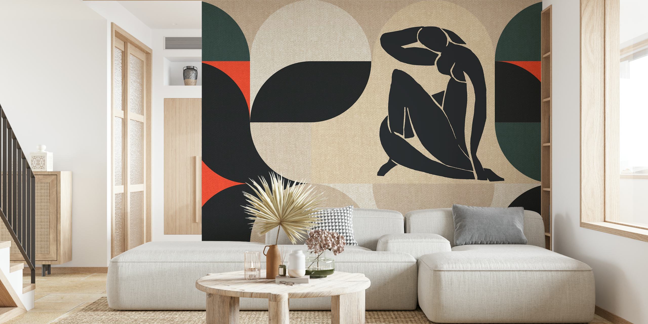 Femme stylisée dans un motif géométrique rouge et noir wallpaper