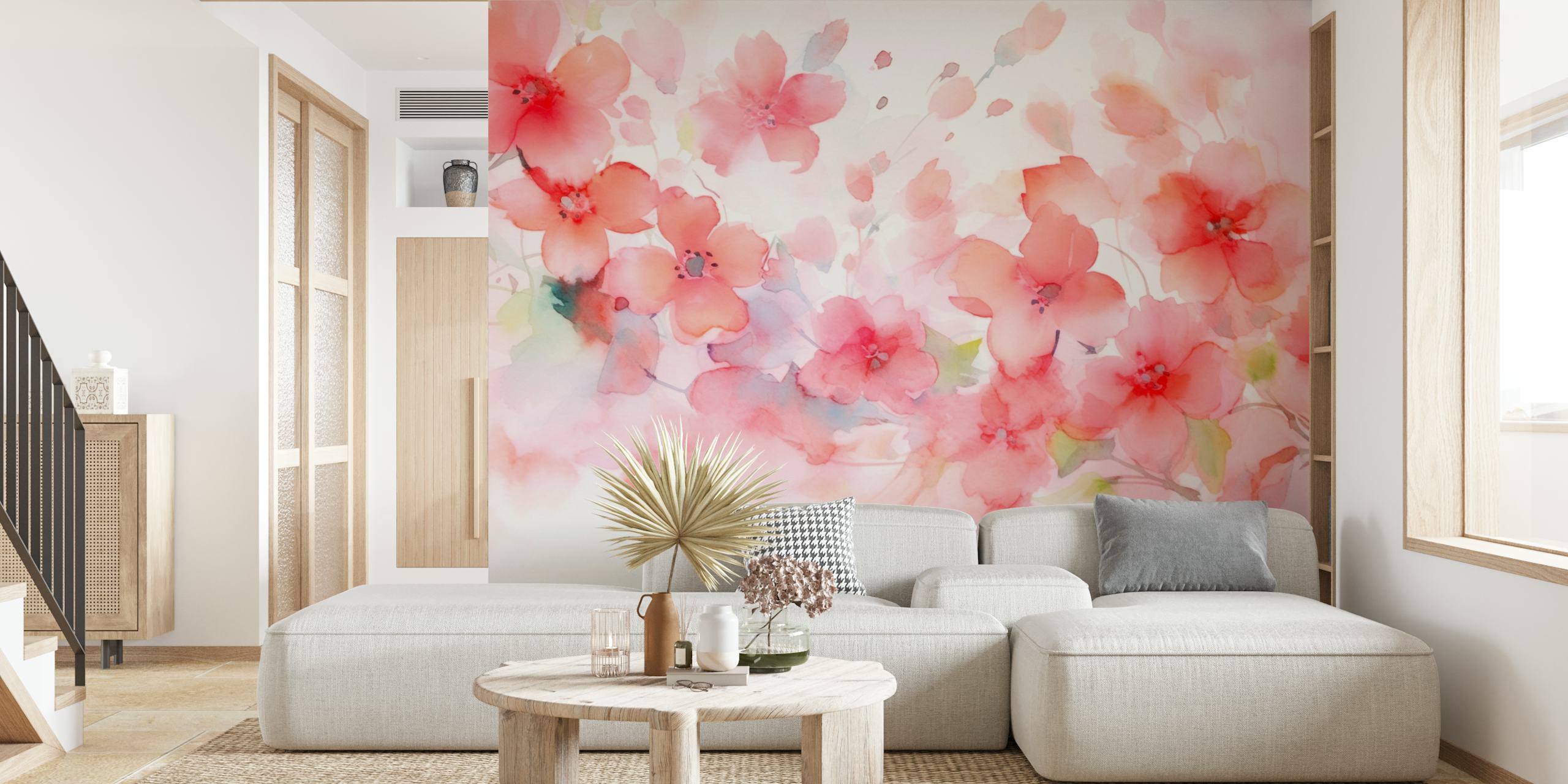 Pink watercolor cherry blossom floral wallpaper