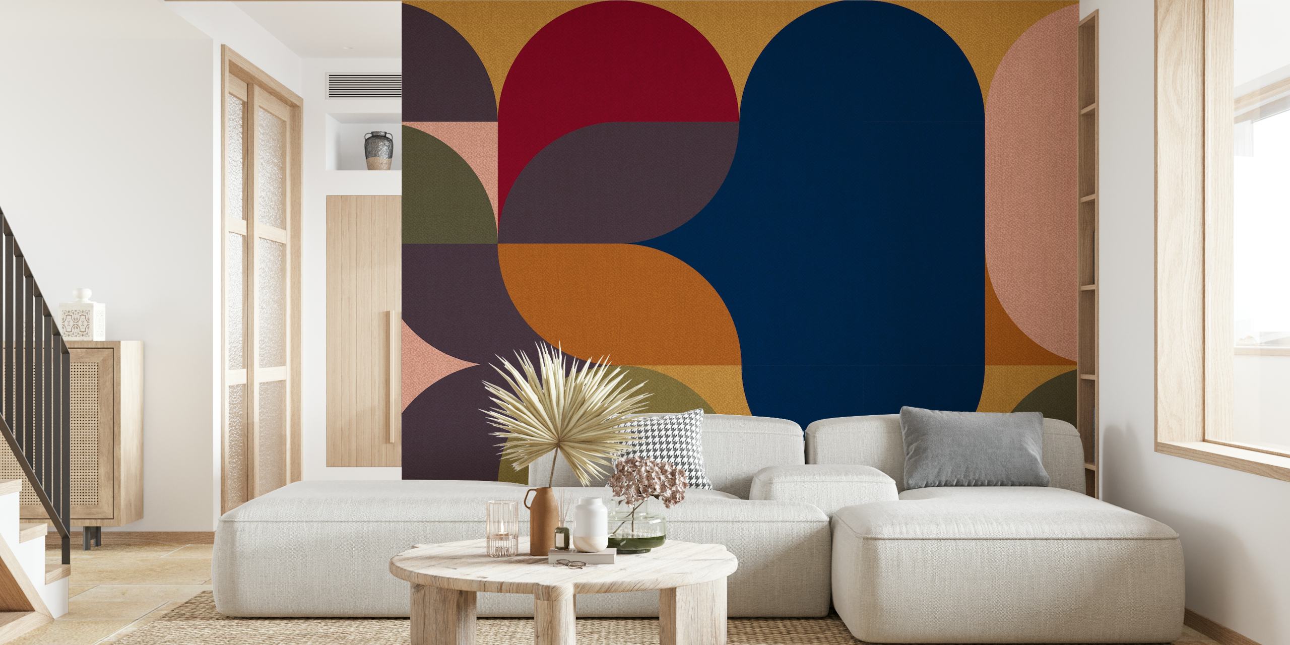 Abstrakcyjna lniana fototapeta z kolażem w stylu retro z ziemistymi tonami i organicznymi kształtami.