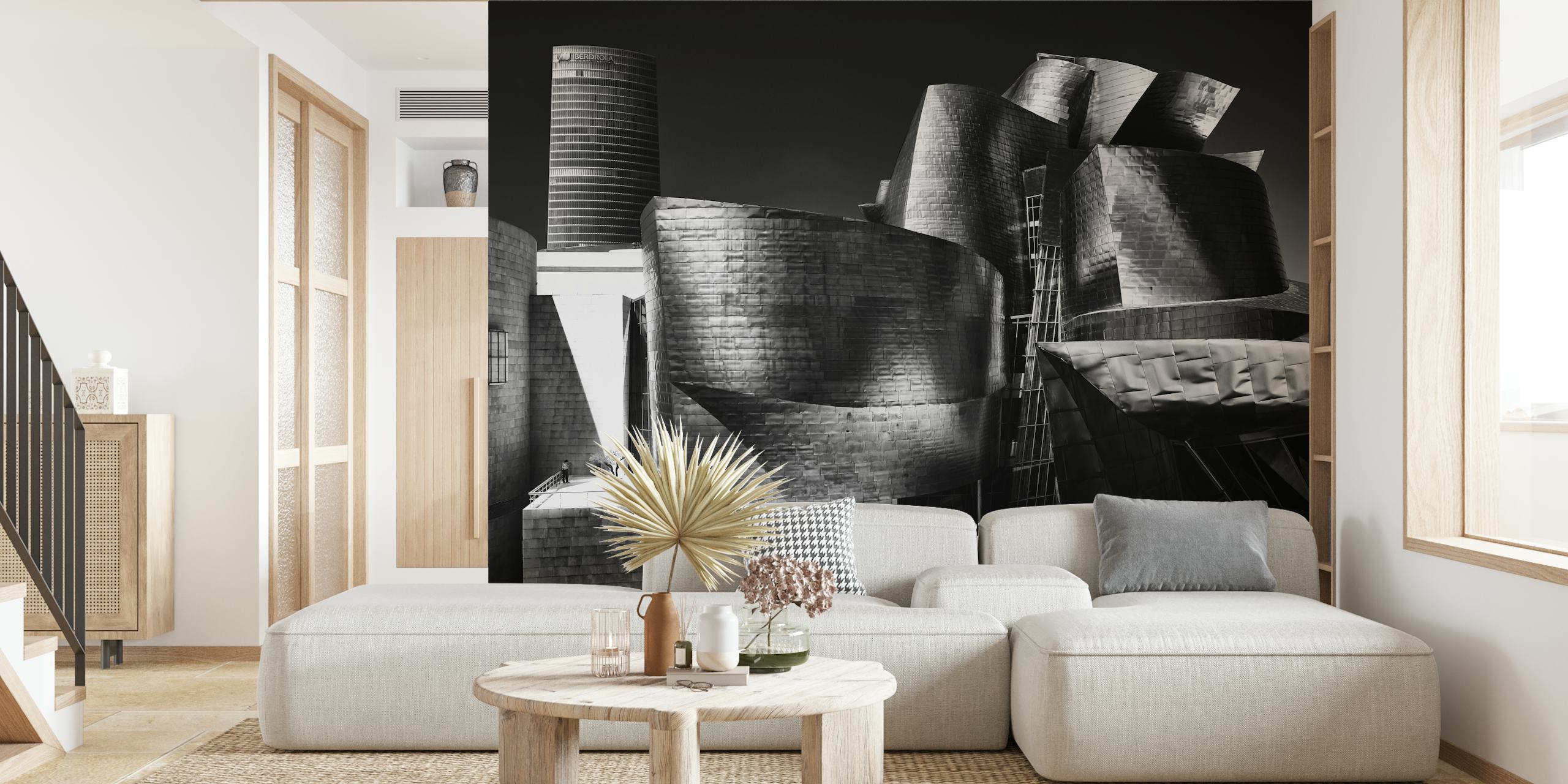 Abstract monochrome wall mural with a surreal landscape of a tree and geometric structures from happywall.com