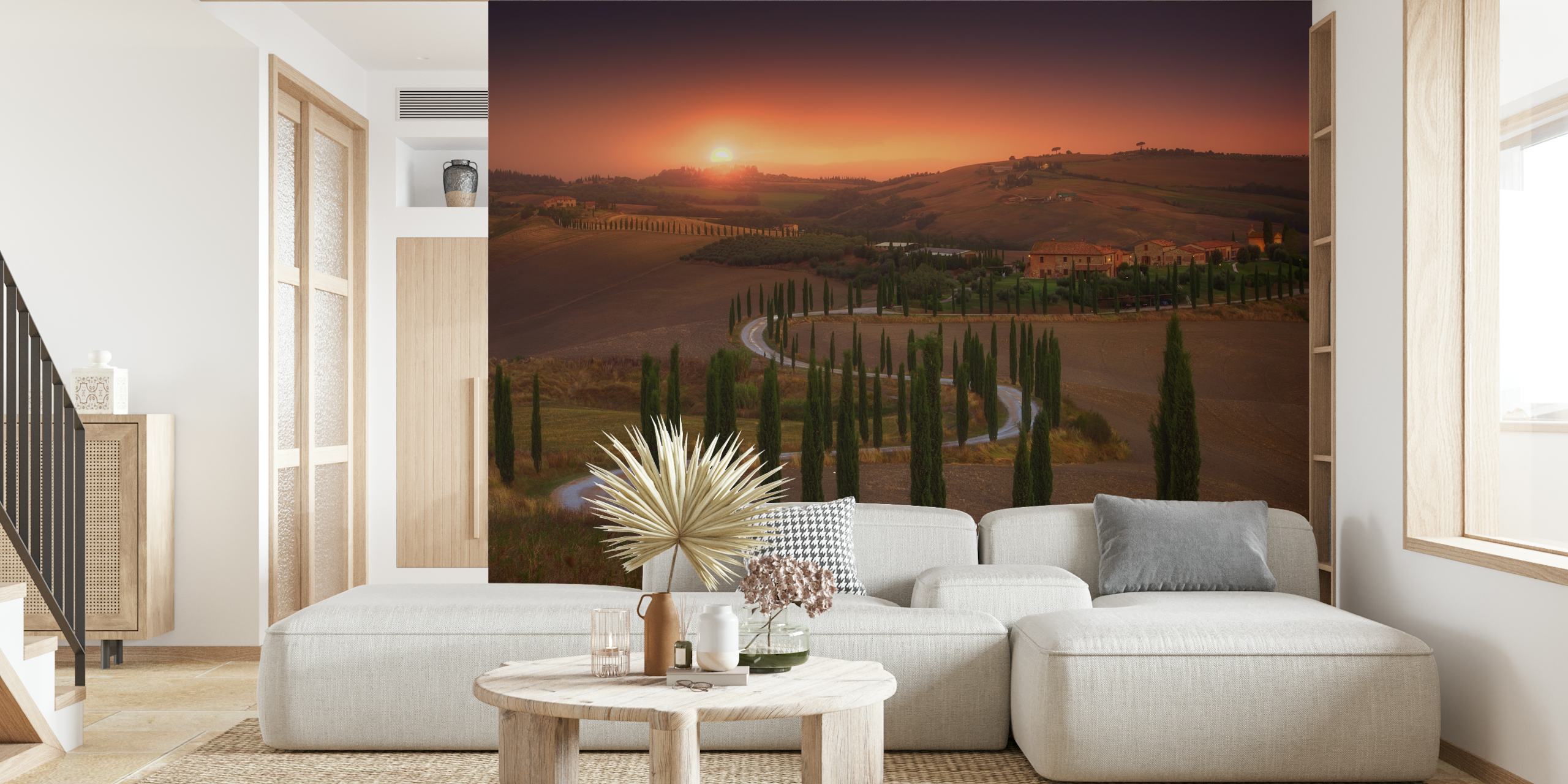Tuscany landscape with cypress trees and rolling hills at sunset wall mural