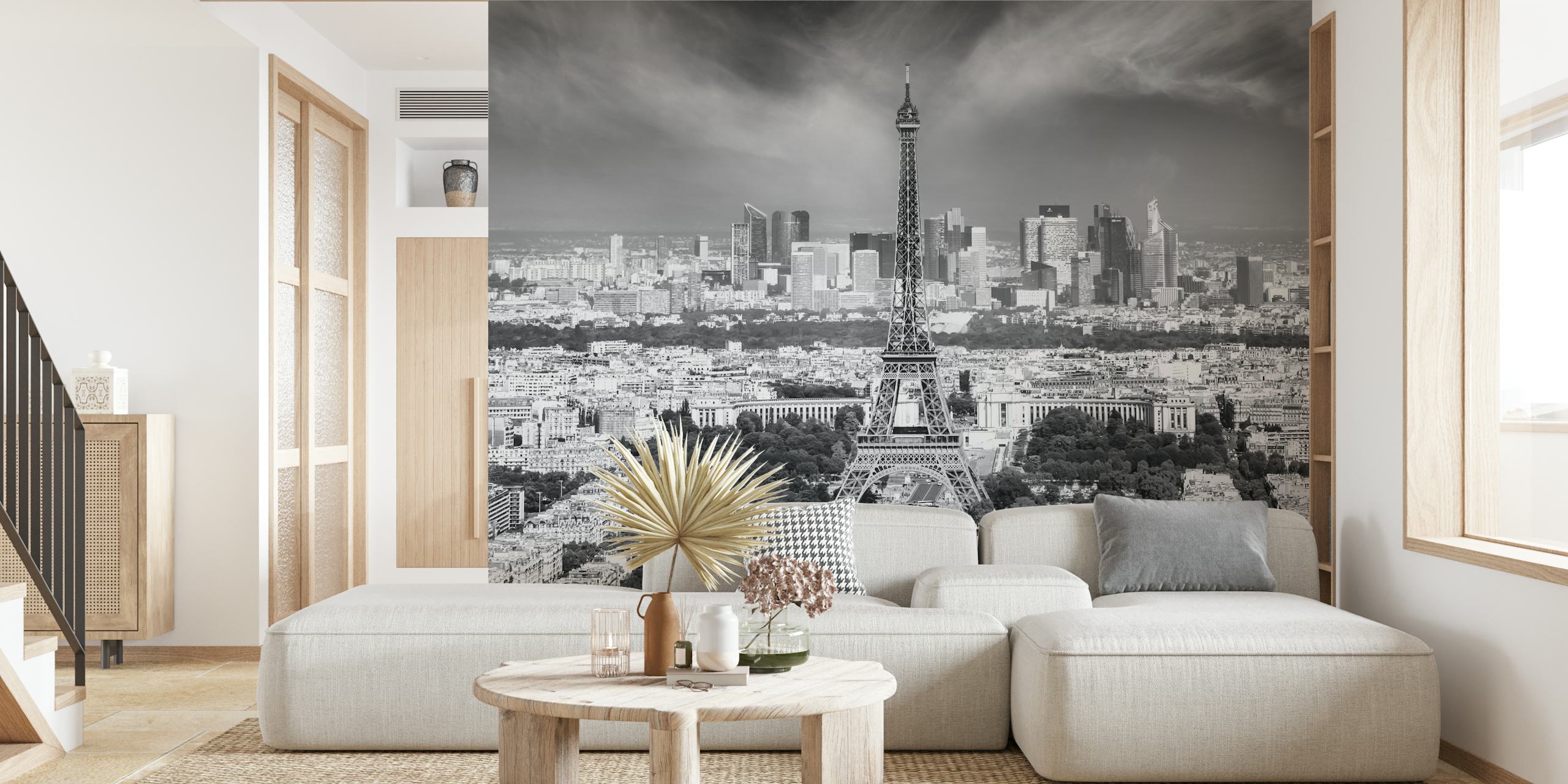 Monochrome Paris skyline wallpaper in a room