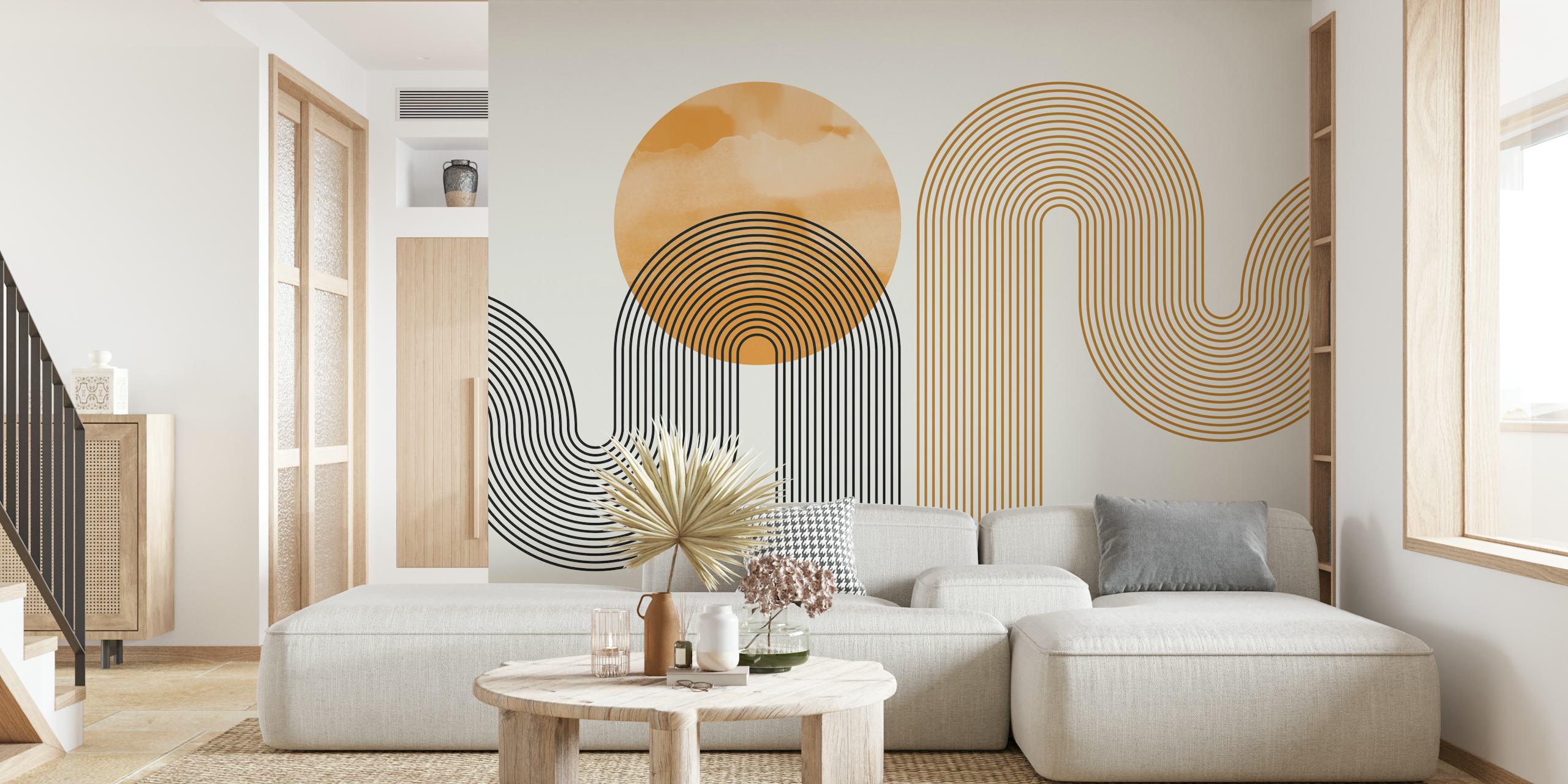 Mural de pared Curvy Retro Lines con formas geométricas en tonos tierra sobre un fondo neutro