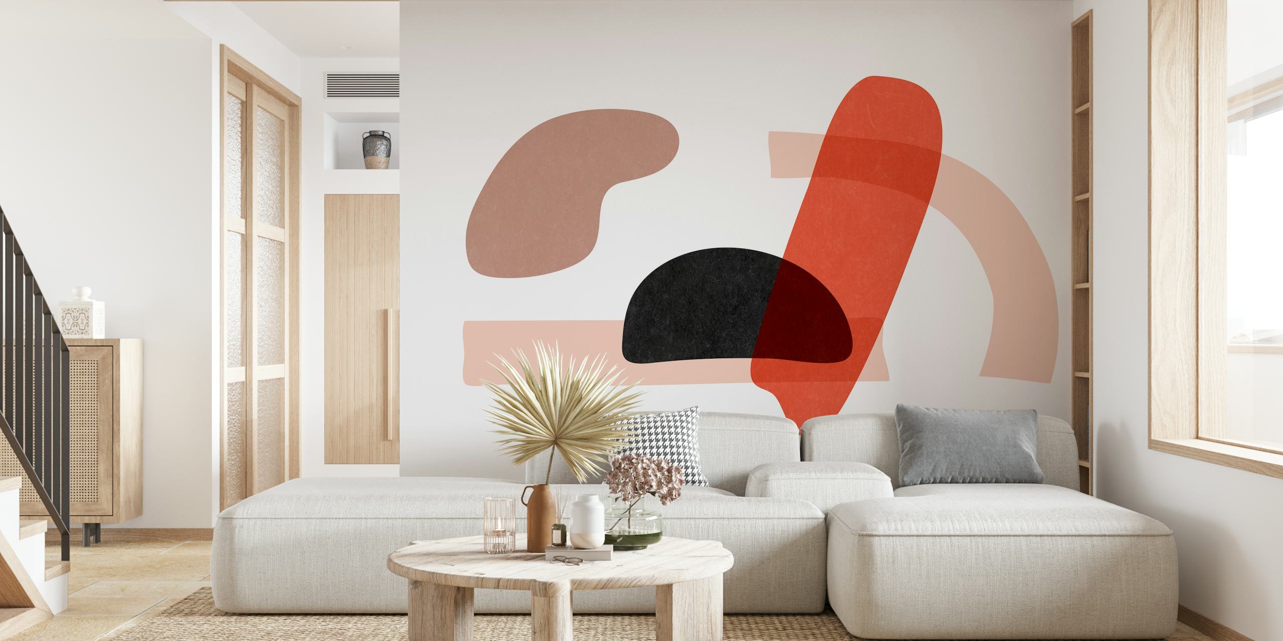 Abstracte, Japans geïnspireerde vormen in gedempte aardetinten muurschildering