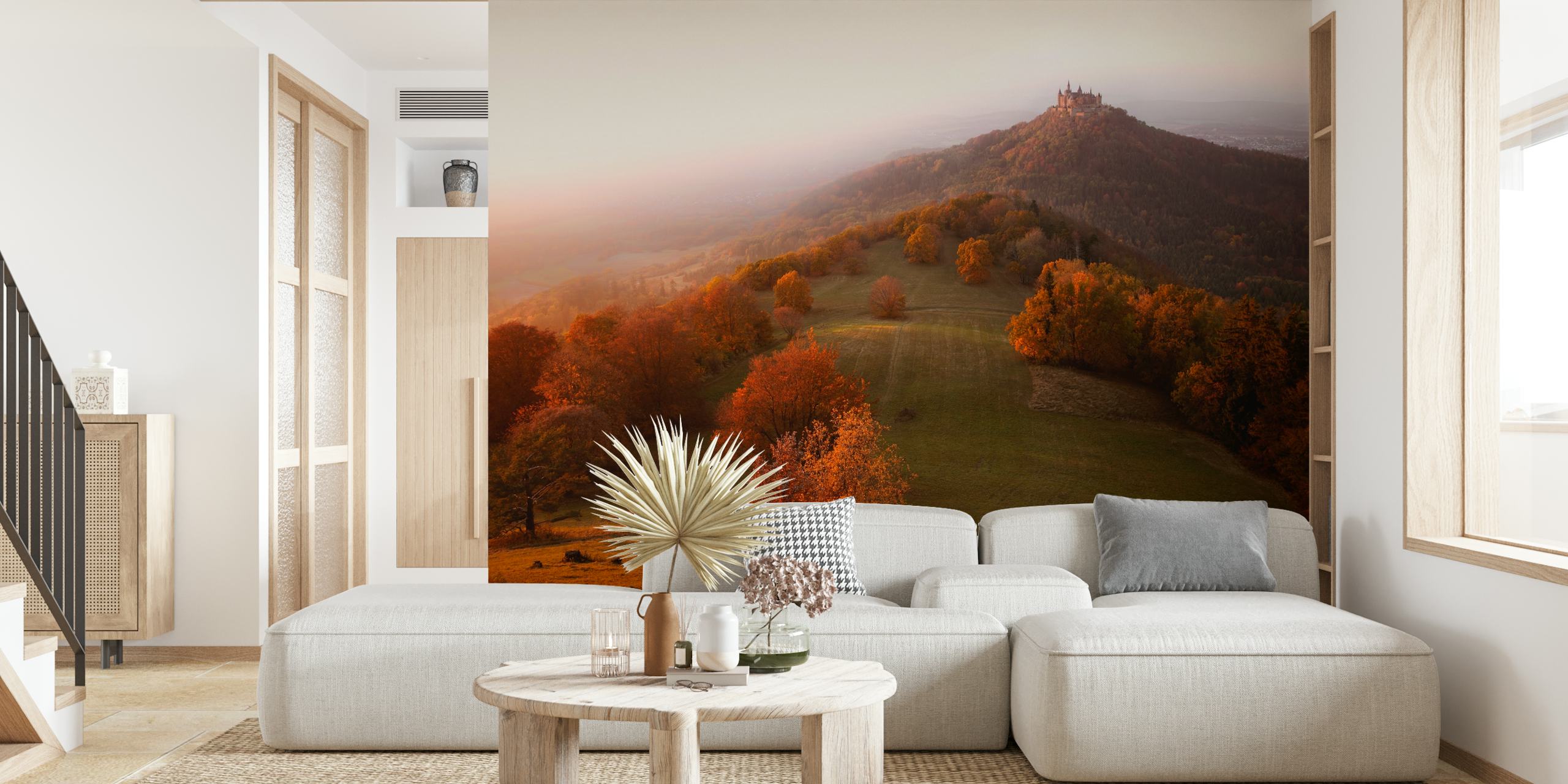 Autumn landscape wallpaper in a cozy room