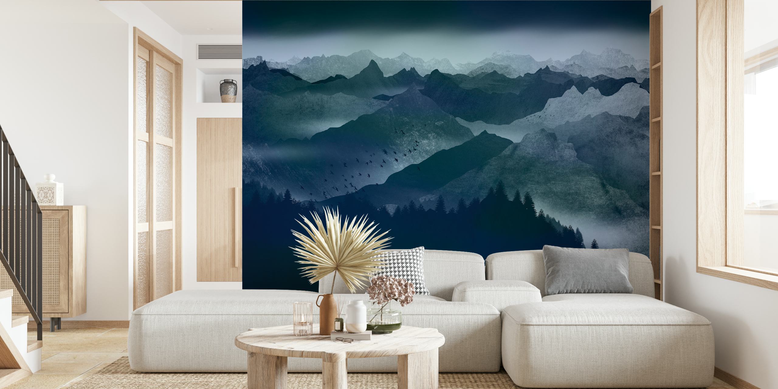 Dark blue mountain landscape wallpaper with silhouette trees