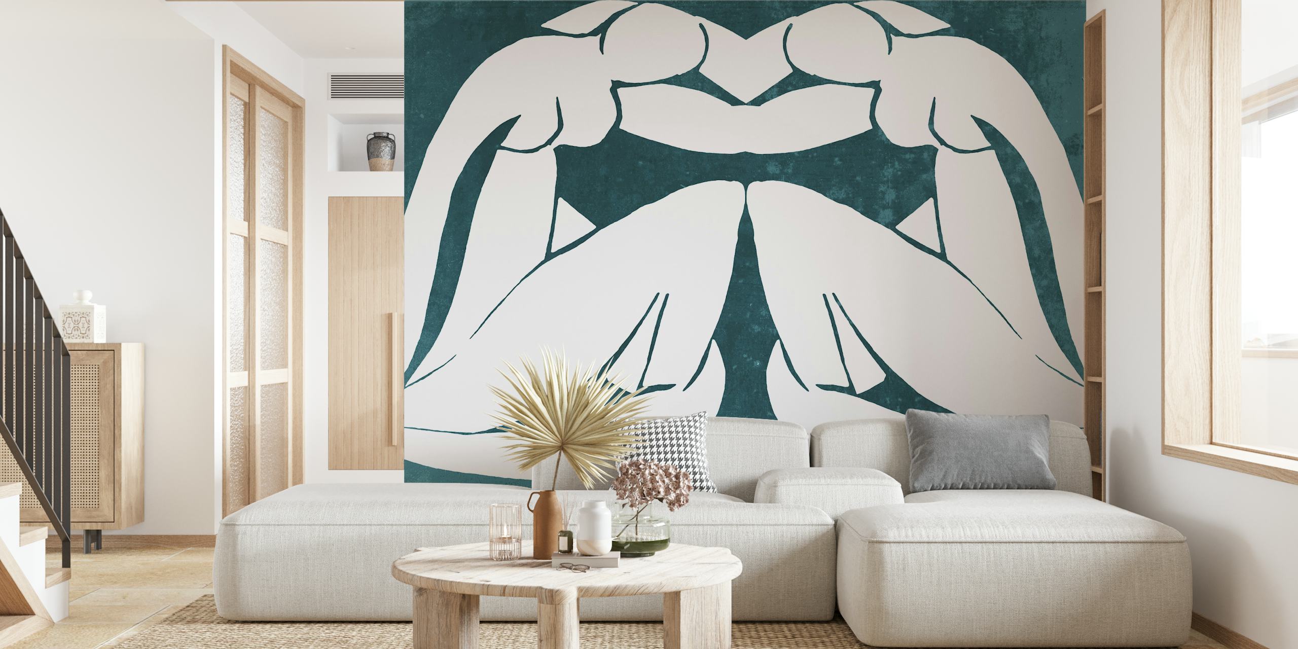 Figuras abstratas inspiradas em Matisse em fotomural vinílico de parede verde-azulado