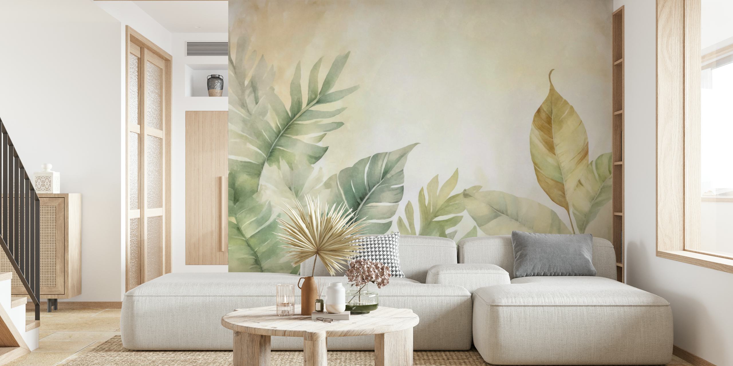 Calm green watercolor leaves wallpaper in a room