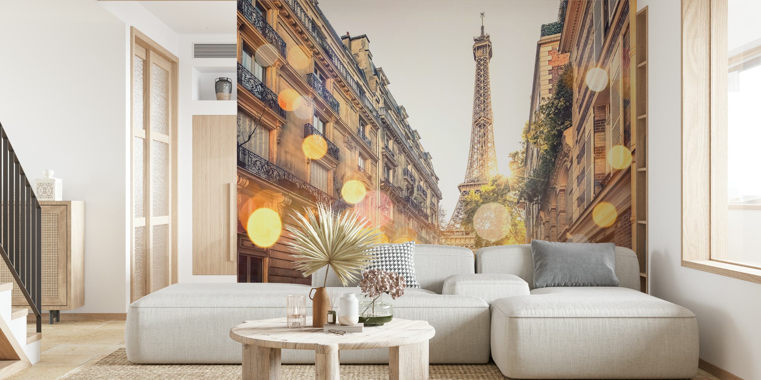 Street scene featuring the Eiffel Tower, warm tones, bokeh wallpaper
