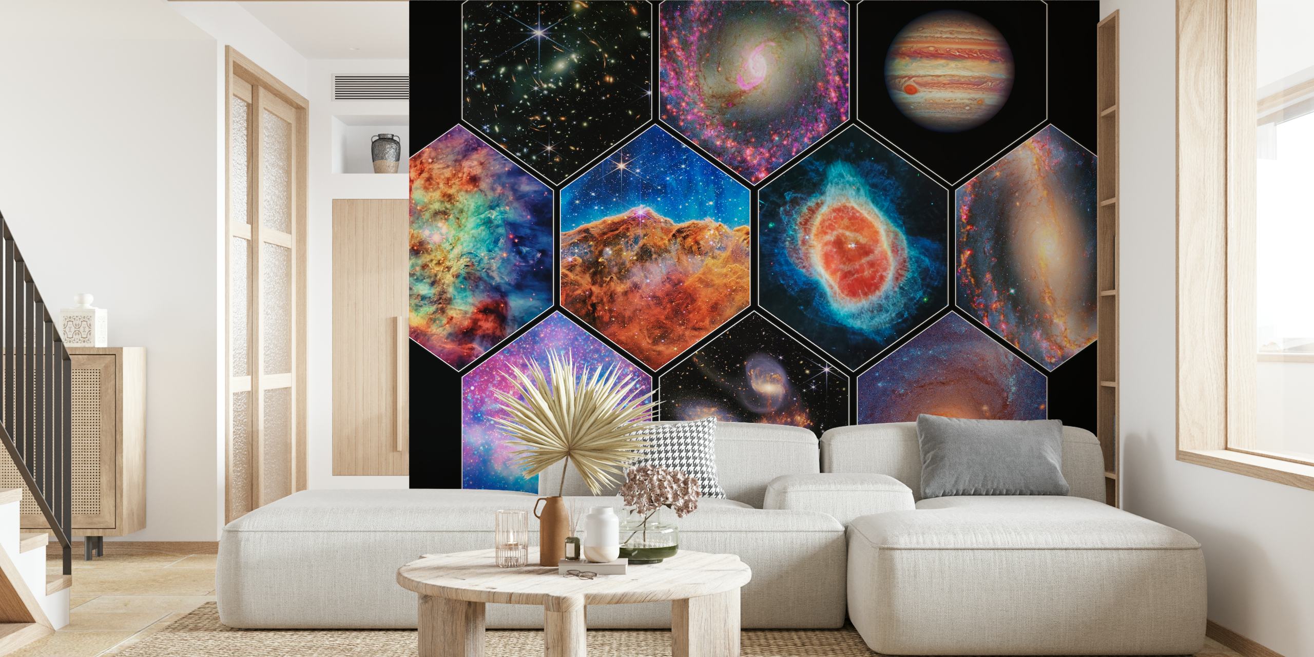 Hexagonal collage of vibrant galaxies and planets wallpaper