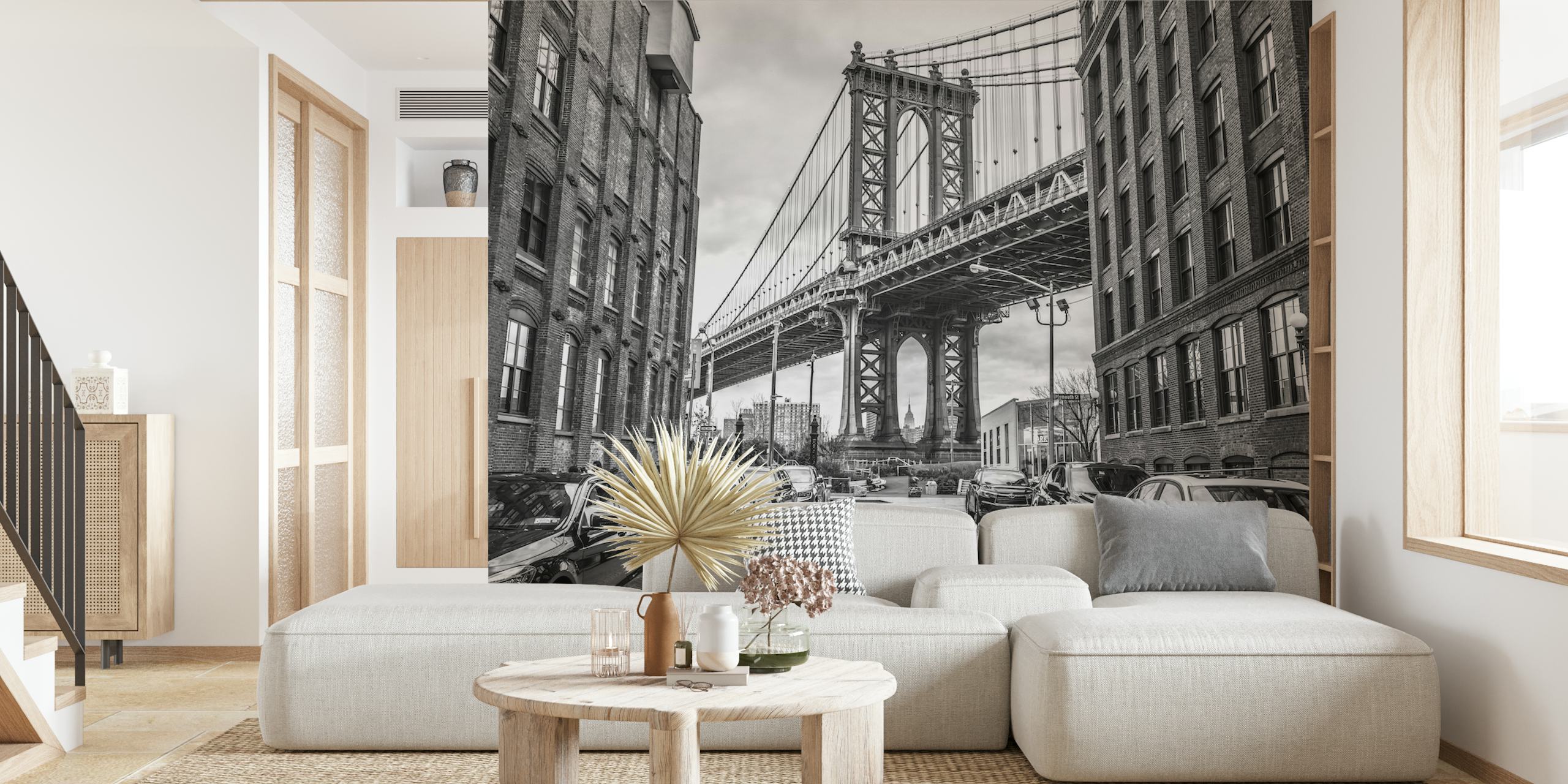 Czarno-biała fototapeta Manhattan Bridge przedstawiająca architekturę miejską i widok ulicy