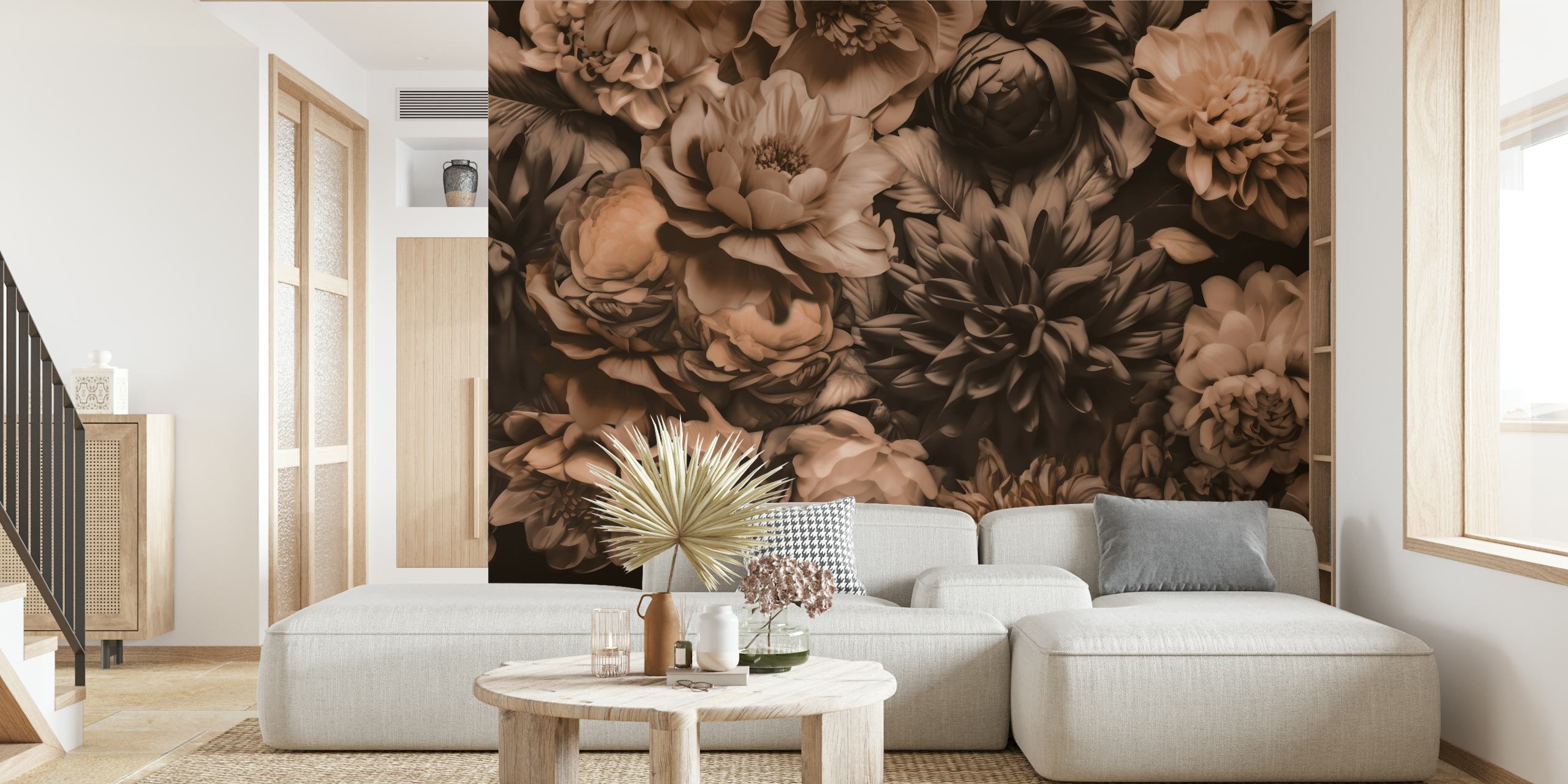 Sepia-toned wall mural depicting opulent baroque floral pattern for interior design