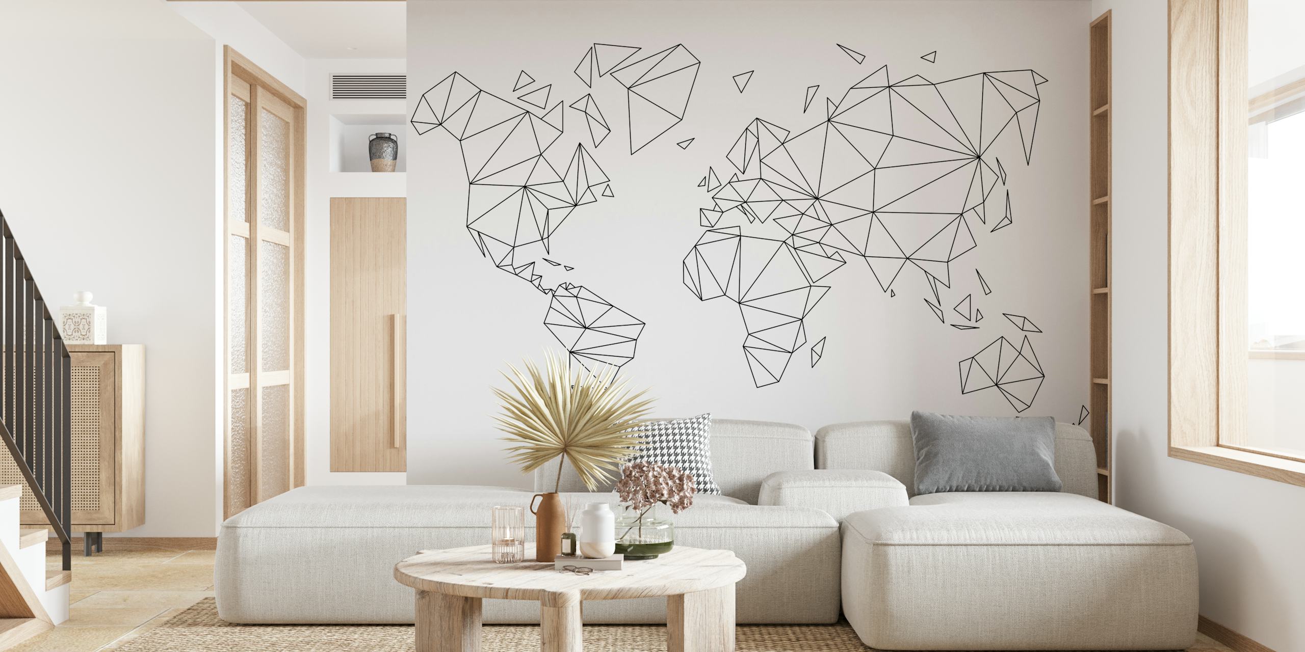 Geometric world map wallpaper featuring black triangular lines on a white background