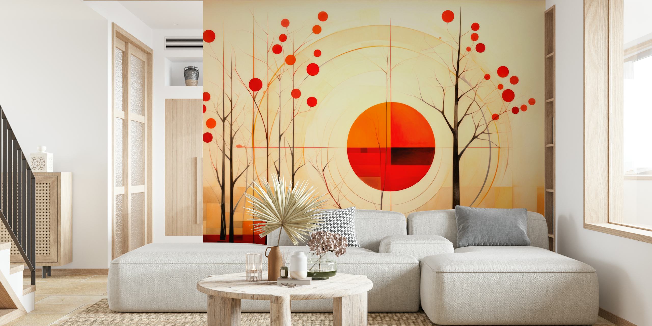 Geometric shapes and autumn trees in red and beige wallpaper