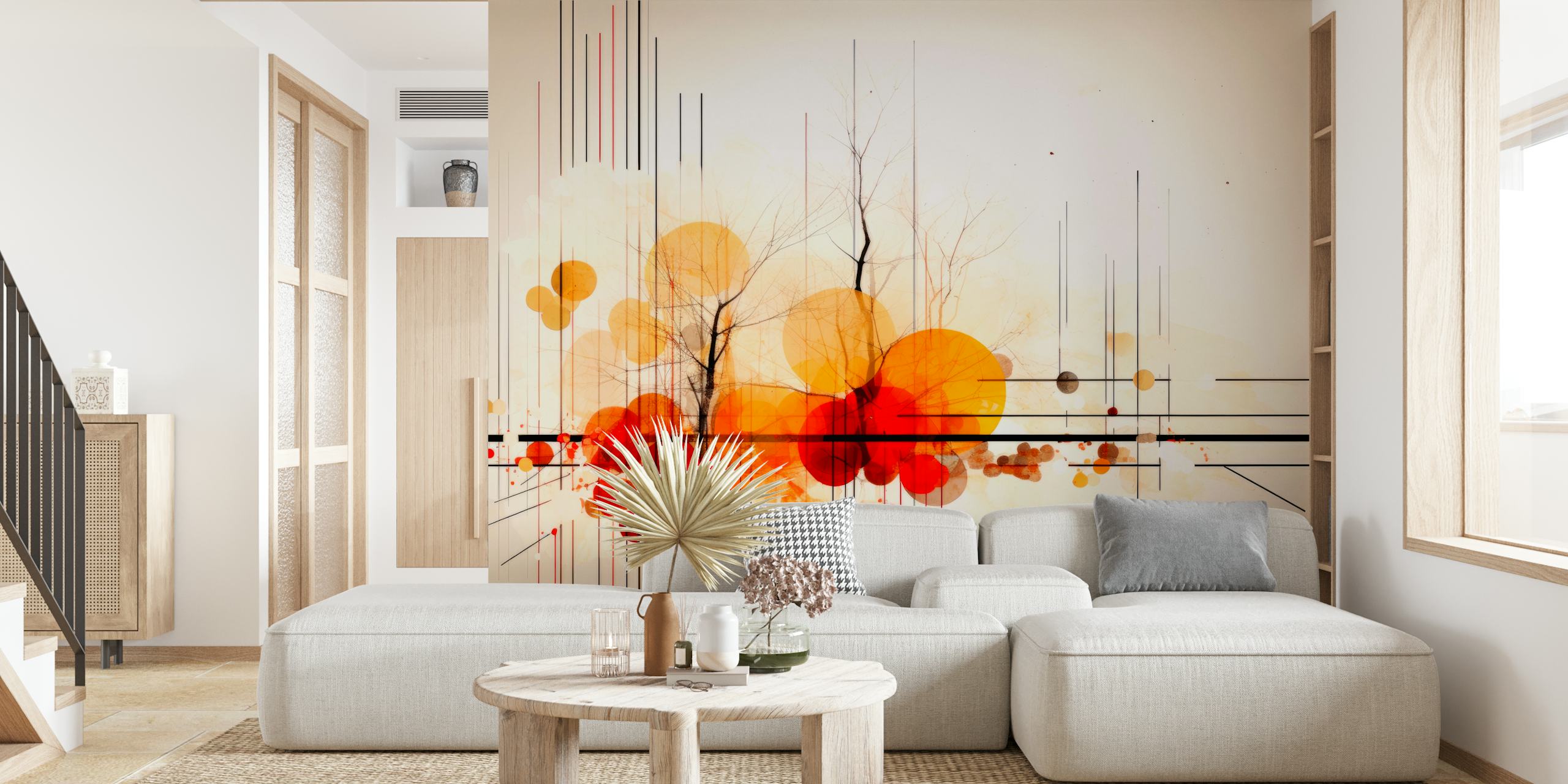 Geometric orange and red patterns with tree silhouettes wall mural