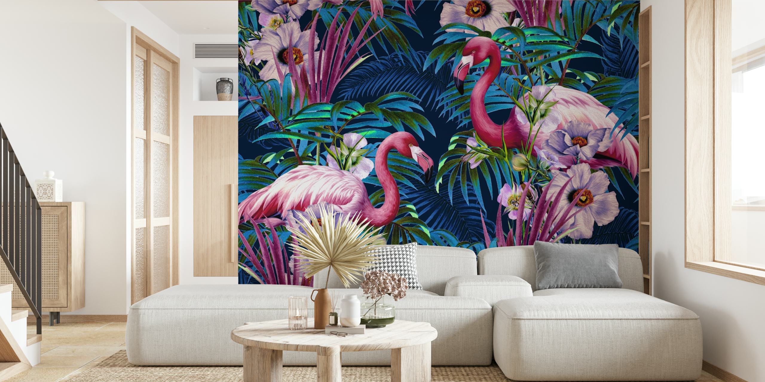 Elegante decorazione murale con fenicotteri tra il fogliame tropicale su uno sfondo blu scuro