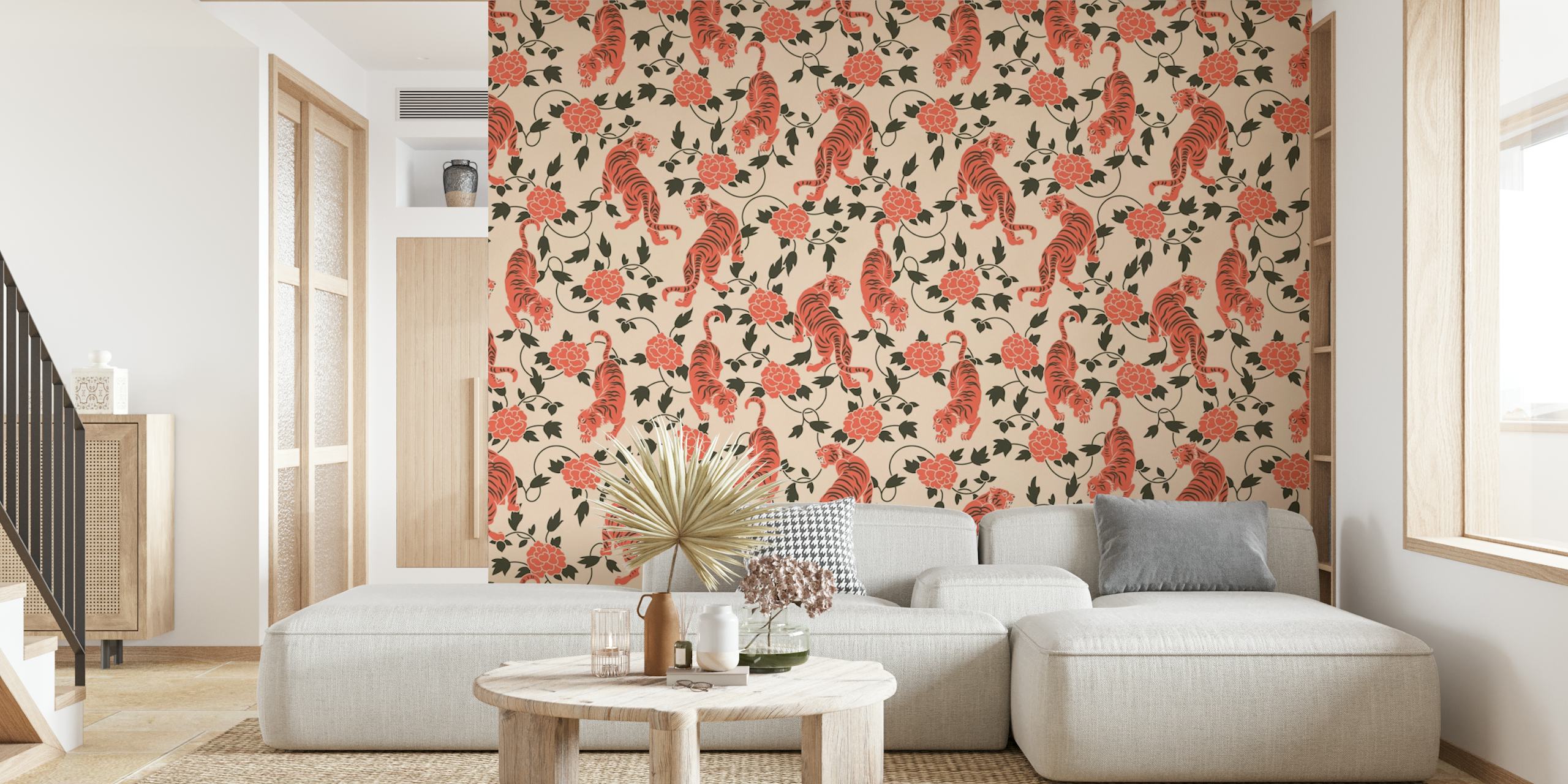 Vintage muurschildering in Chinese stijl met tijgers en bloemen op een romige achtergrond