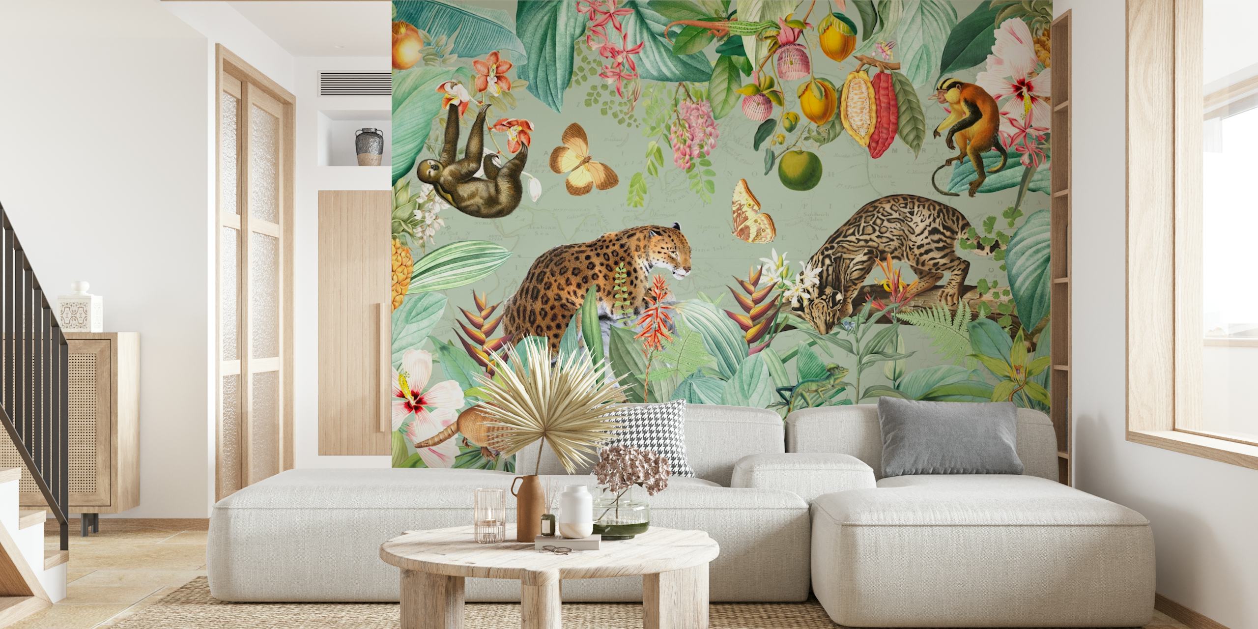 Papier peint vibrant de forêt tropicale avec des animaux exotiques